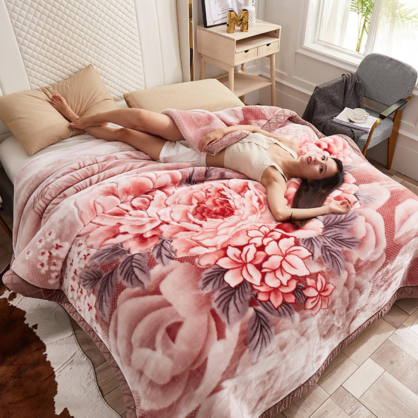 MODUSKYE Mink Blankets, Korean Heavy Fleece Plush 78x90 inch 2 Ply Mink Blankets with Peony Pattern 7.7lbs Queen Soft Cozy Raschel Blanket for Autumn Winter (Bean Paste)