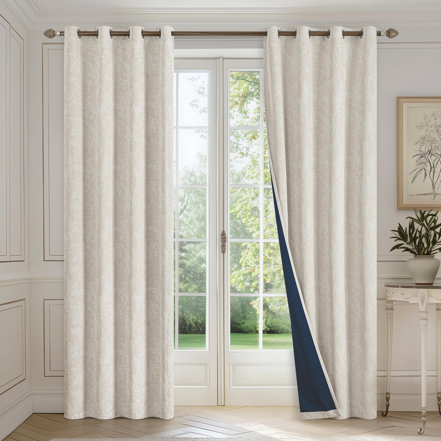 FMFUNCTEX Beige Floral Jacquard Blackout Curtains 84 Inches Long for Bedroom, Scroll Flower Chenille Farmhouse Curtains for Living Room Darkening Thermal Insulated Grommet Window Drapes 2 Panels