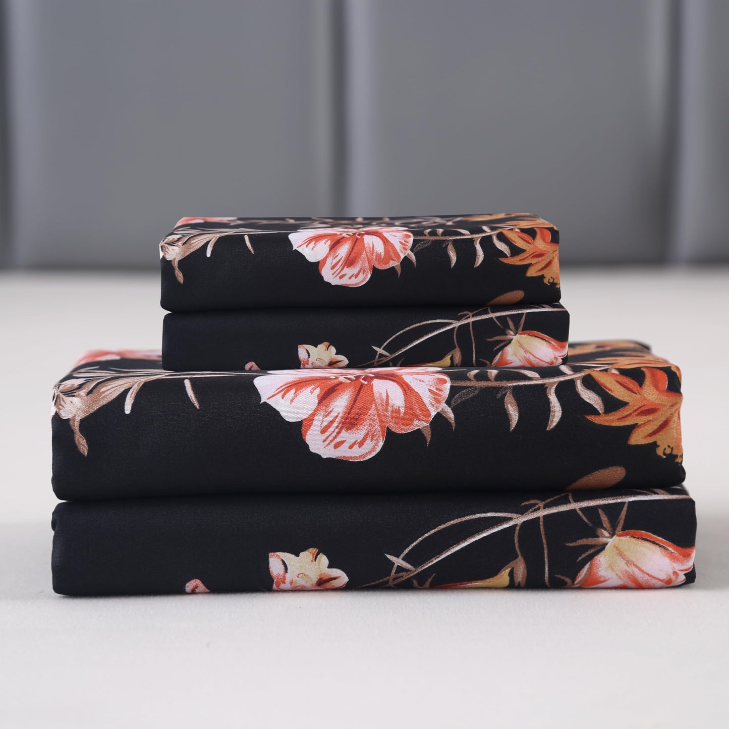 MAG 3pcs Black Floral Full Bed Sheet,Microfiber Flower Boho Fitted Sheets with 1 Fitted Sheet and 2 Pillowcases,14 Inches Deep (Black, Full)
