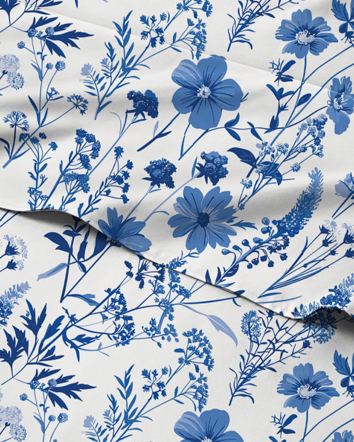 Floral Sheets - White & Blue Bed Sheet Set - 1 Flat, 1 Fitted & 2 Pillowcases w/ Deep Pockets - Comfy, Cozy, Wrinkle & Fade Free - Boho Botanical Bedding - Soft, Breathable & Cooling - Full Size Set