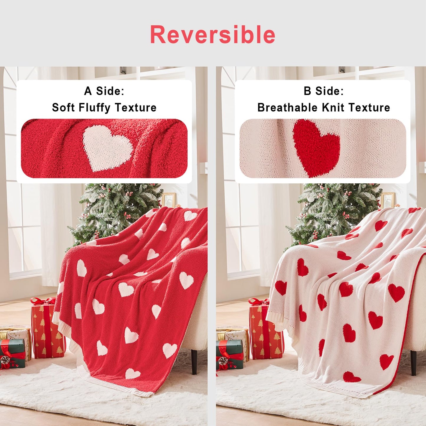 Douceur Love Heart Throw Blanket, Ultra Soft Red Fluffy Valentine’s Day Blanket, Reversible Cozy Decorative Blanket for Bed Couch Sofa, Super Soft Indoor Living Room Plush Throws, 60"X80"