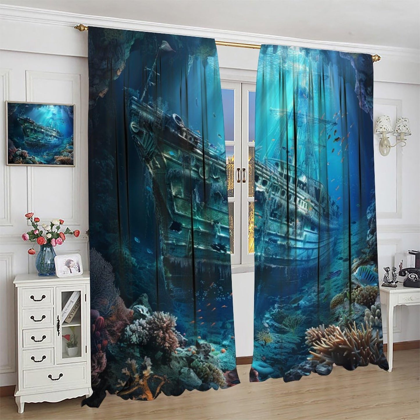 TOWINSFB Ocean Coral Sunken Ship Blackout Curtains for Living Room Bedroom, Retro Undersea World Shipwreck Window Curtains Rod Pocket Thermal Insulated Window Drapes, 2 Panels, Each 21W x 45L