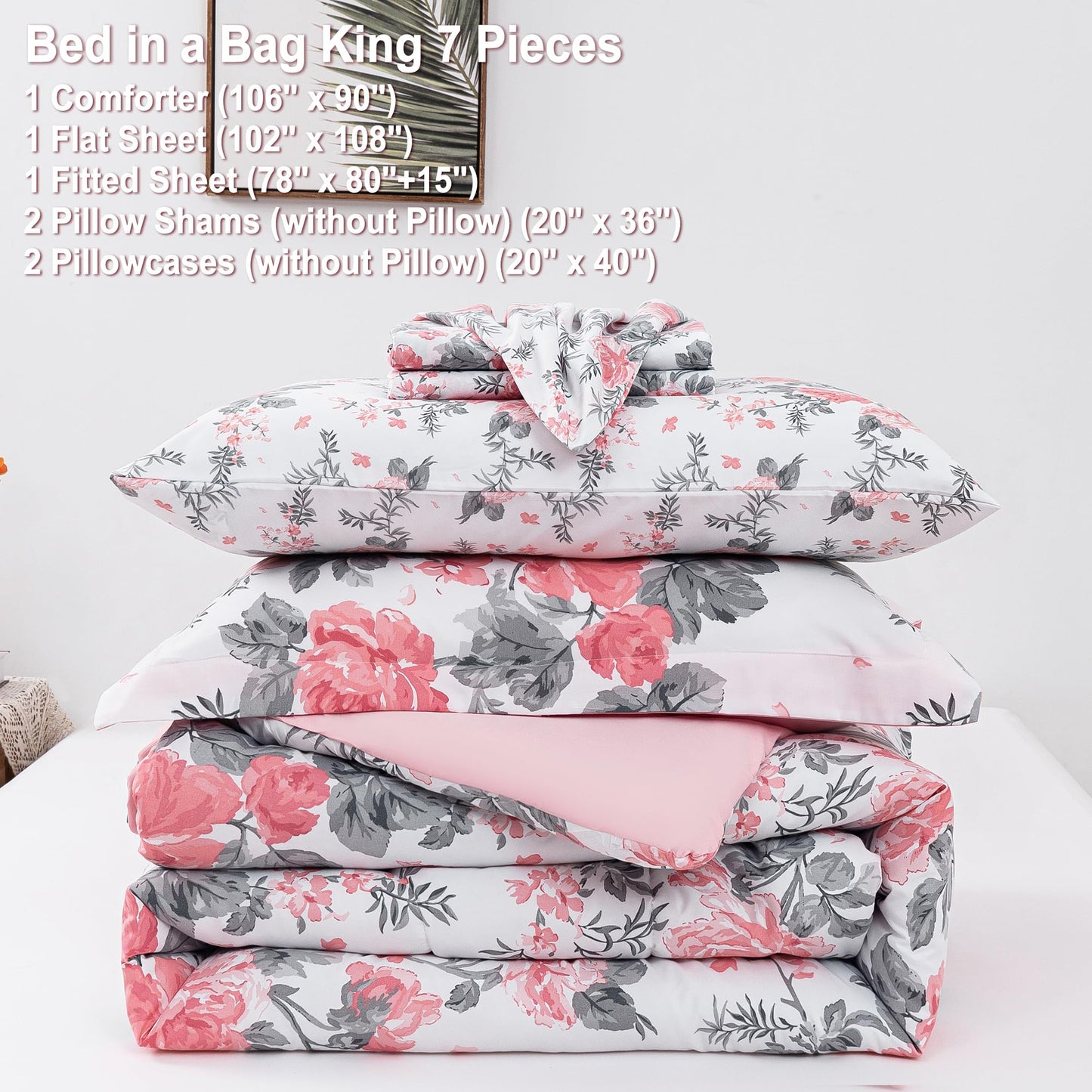 lasoftan Floral King Comforter Set with Sheets, 7 piece Luxury Vintage Bedding, Soft Microfiber Bed in a Bag, Cozy Lightweight Bed Set, Pink Flower Grey Leaf