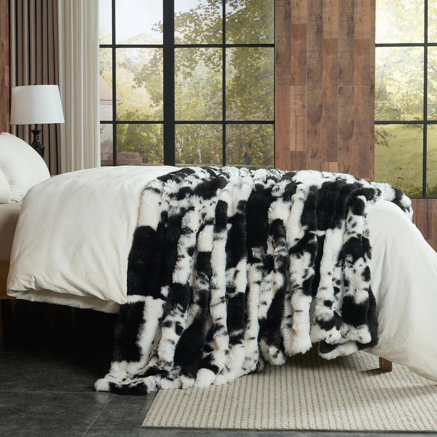 Lotus Karen Faux Fur Throw Blanket Cow Print-Black, Fluffy Fuzzy Plush Bubble Blanket for Couch, 60x50 Inches Cozy Shaggy Rabbit Blanket, Luxury Decorative Gifts for Sofa Bedroom Living Room.