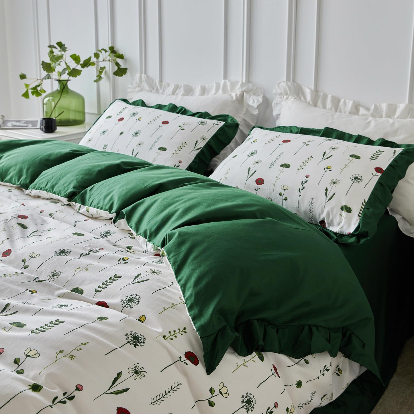 SUSYBAO Emerald Green Ruffle Duvet Cover Queen 100% Cotton 3 Pieces Set 1 White Red Floral Duvet Cover with Zipper Ties 2 Pillow Shams Garden Green Dandelion Botanical Bedding Set Soft