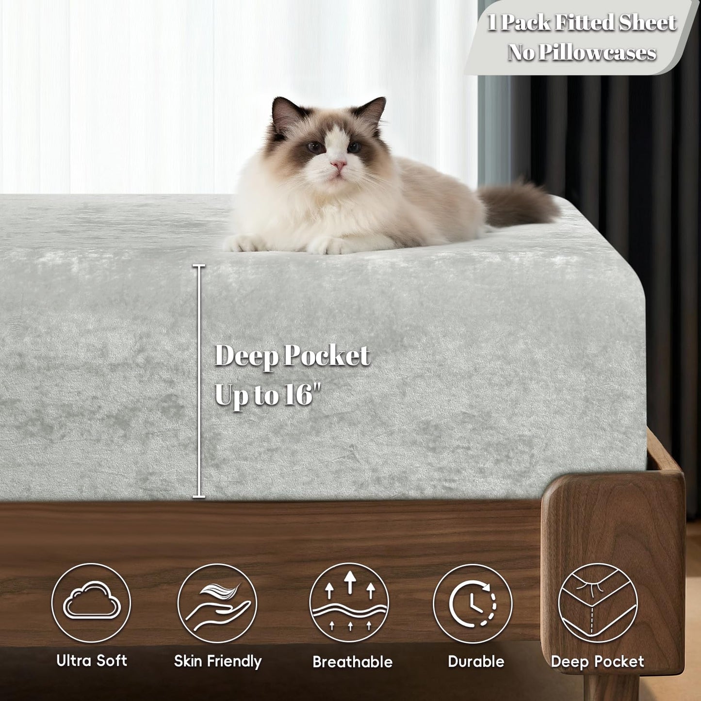 PHF Truly Velvet Fitted Sheet Only Queen Size, Luxury Super Soft Cozy Fuzzy Fleece Bottom Sheet, Deep Pocket Up to 16",Strenghth Elastic Band,Suitable for Fall Winter Spring,No Pillowcases,Silver Grey