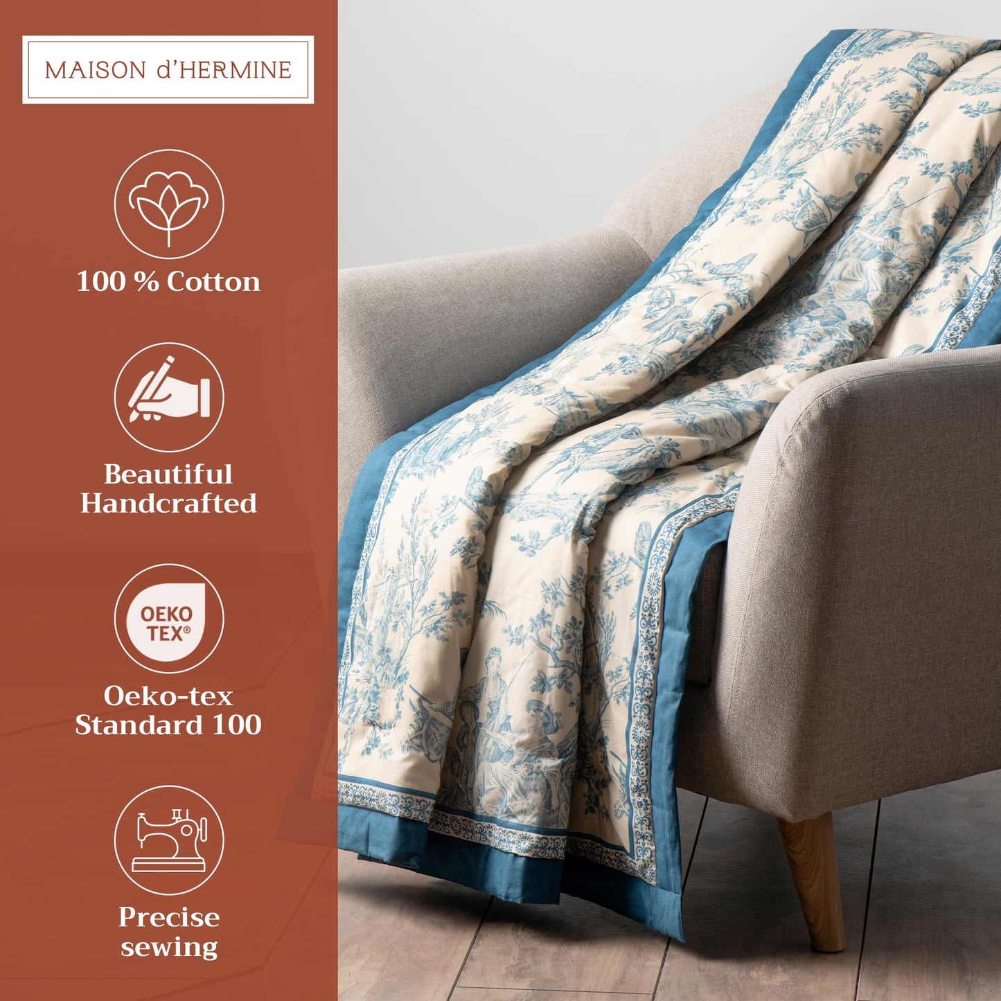 Maison d' Hermine Throw Blanket for Couch Lightweight Soft Warm Breathable Cotton Throw Blankets for Bed Girls Boys Women Men Gifts Sofa Living Room Spring Summer (The Miller - Blue, 60" X 80")