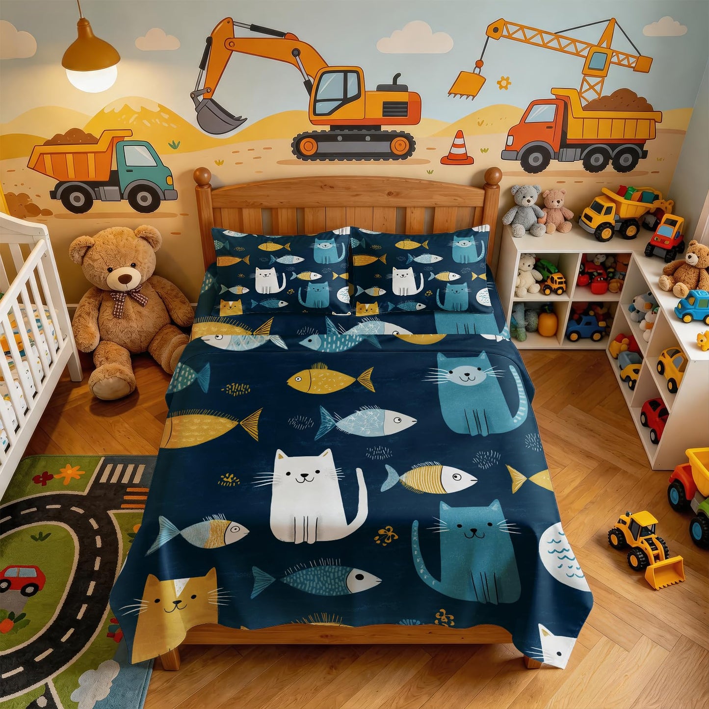 Cat and Fish Twin Bedding Set Kids Kitten Sheet Sets, Blue