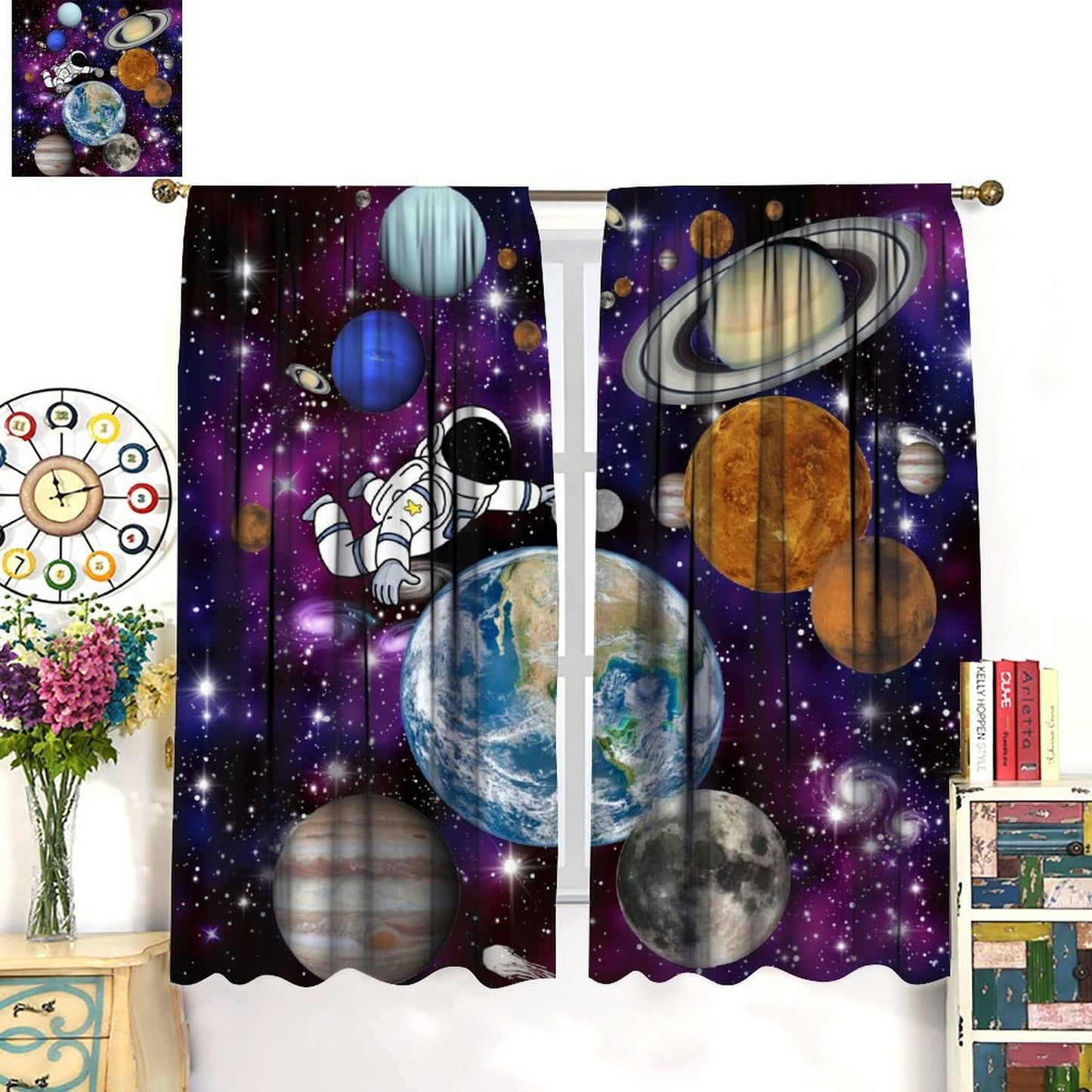 AAVEUP Astronaut Galaxy Blackout Curtains,Cartoon Solar System Universe Outer Space Planet Astronaut Earth Windows Treatments Rod Pocket Drapes for Kids Boys Teenage Living Room Bedroom 63x72inch