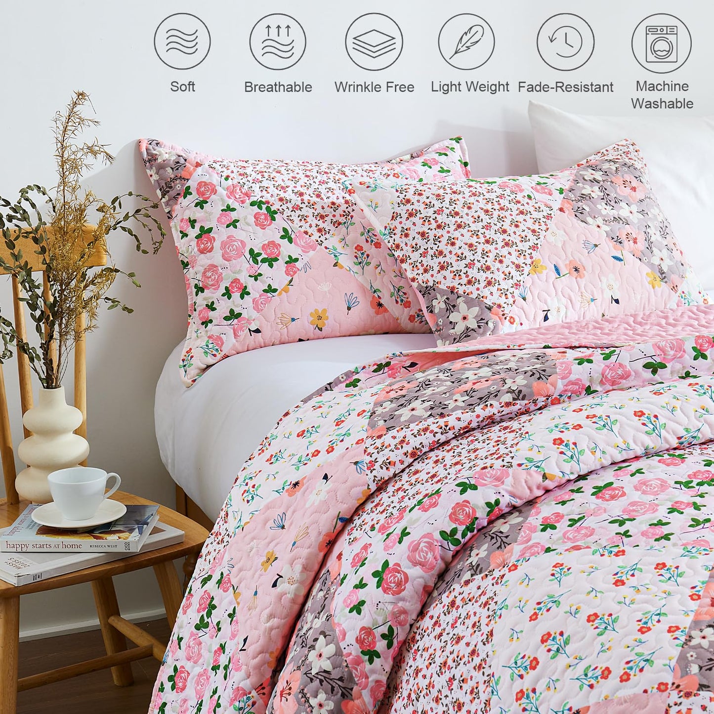 Whale Flotilla Patchwork Quilt King Size, Extra Soft Boho Floral Bedspreads for Bed Reversible Lightweight King Quilt Bedding Set Printed Coverlets with 2 Pillow Shams for All Seasons, Pink