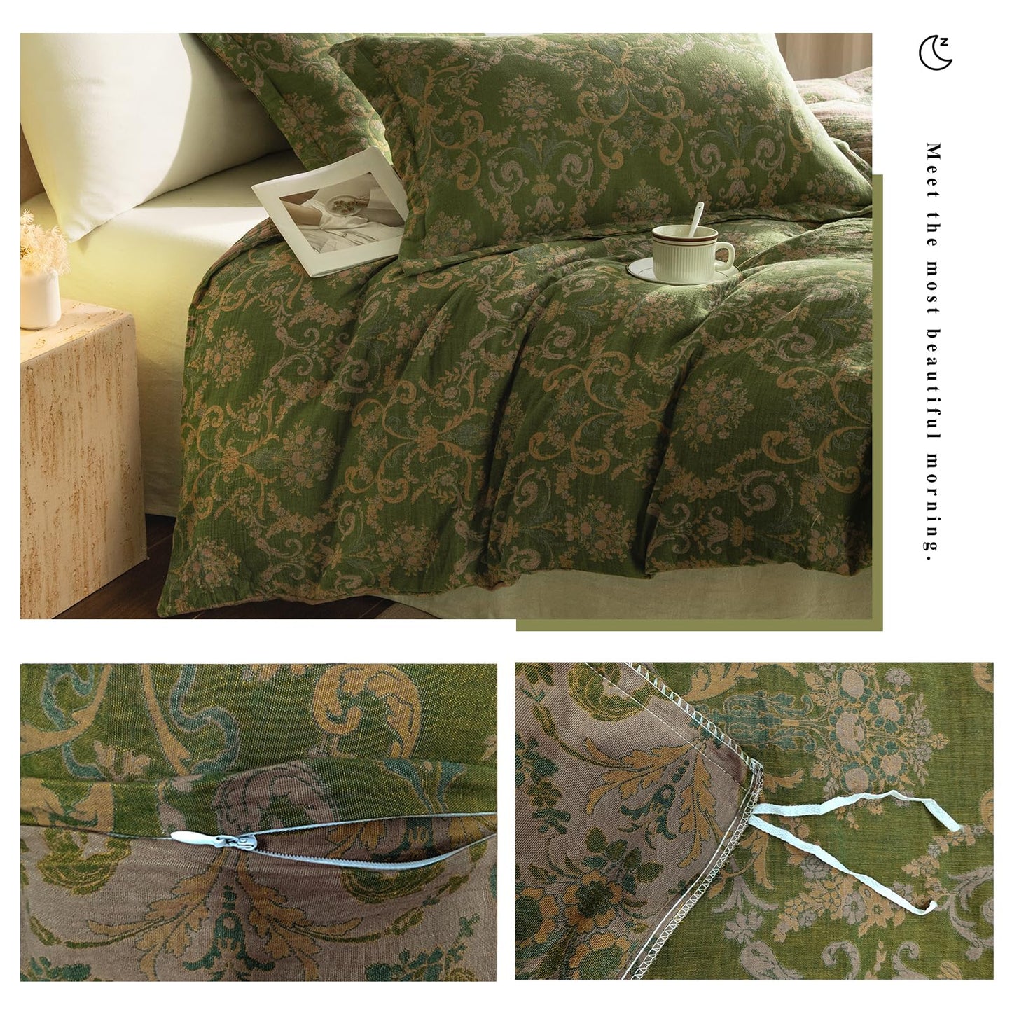 VM VOUGEMARKET Green Floral Duvet Cover Queen,3 Pieces Retro Boho Medallion Jacquard Flower Bedding Set,Linen Cotton Yarn-Dyed Textured Reversible Duvet Cover with Zipper Closure