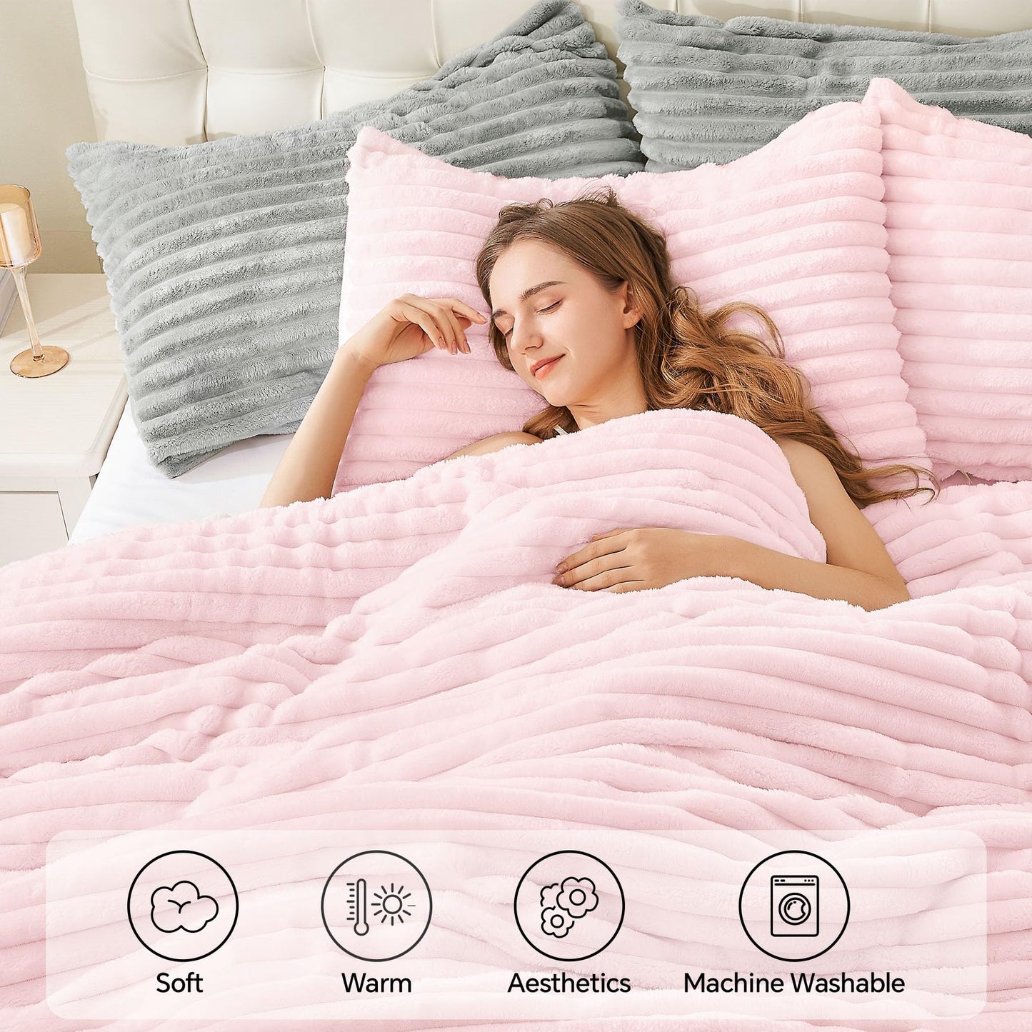 BEDELITE Fleece Queen Comforter Set -Super Soft & Warm Fluffy Cherry Blossom Bedding, Luxury Fuzzy Heavy Bed Set for All Season with 2 Pillow Cases