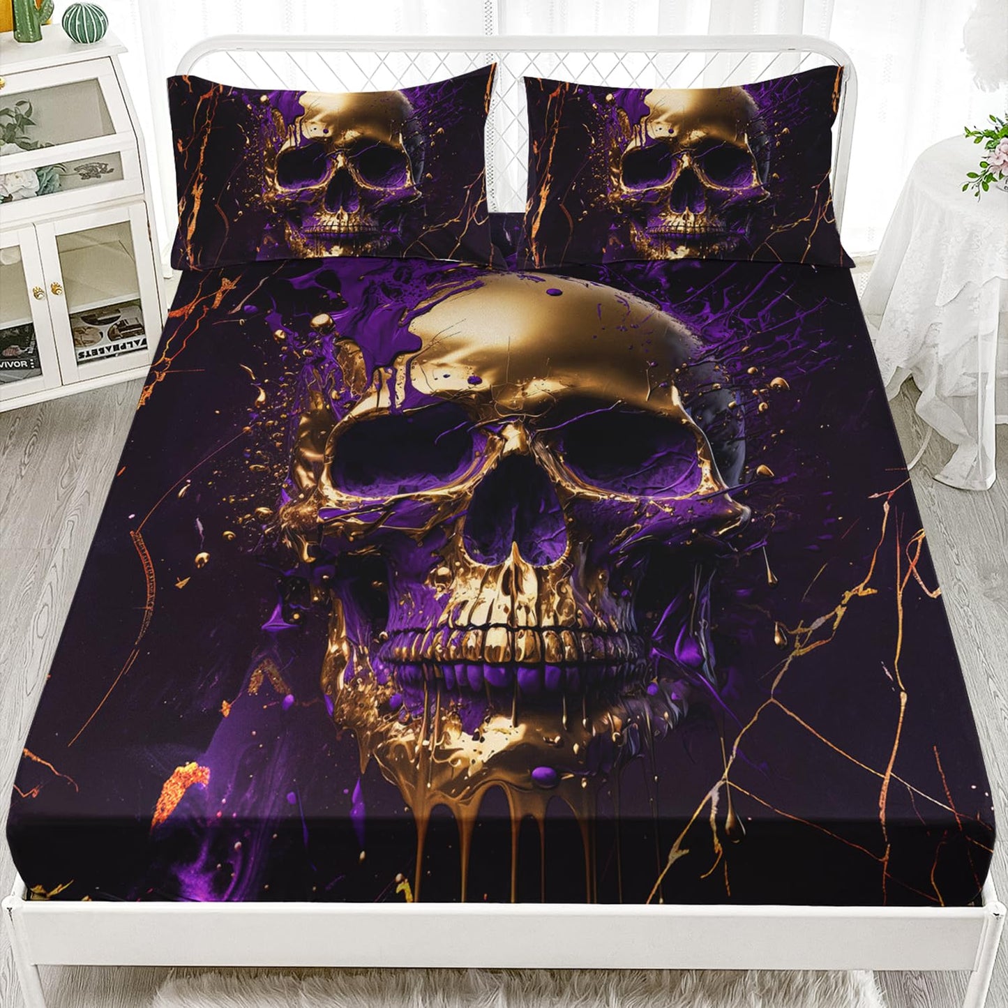 AILONEN Black Gold Skull Fitted Sheet Set Queen Size,Purple Skeleton Goth Soft Fitted Sheet + 2 Pillowcases for Boys Girls,3 Pieces