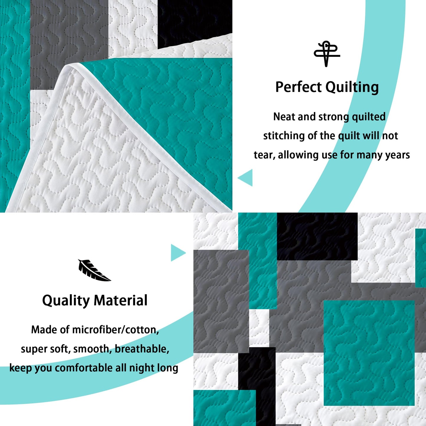Tyrot 3 Piece Teal/Turquoise Grey Quilt Set King Size Black White Geometric Reversible Bedding Set Microfiber Lightweight Bedspread Coverlet with 2 Shams Modern Bed Covers for All Season, 106''x96''