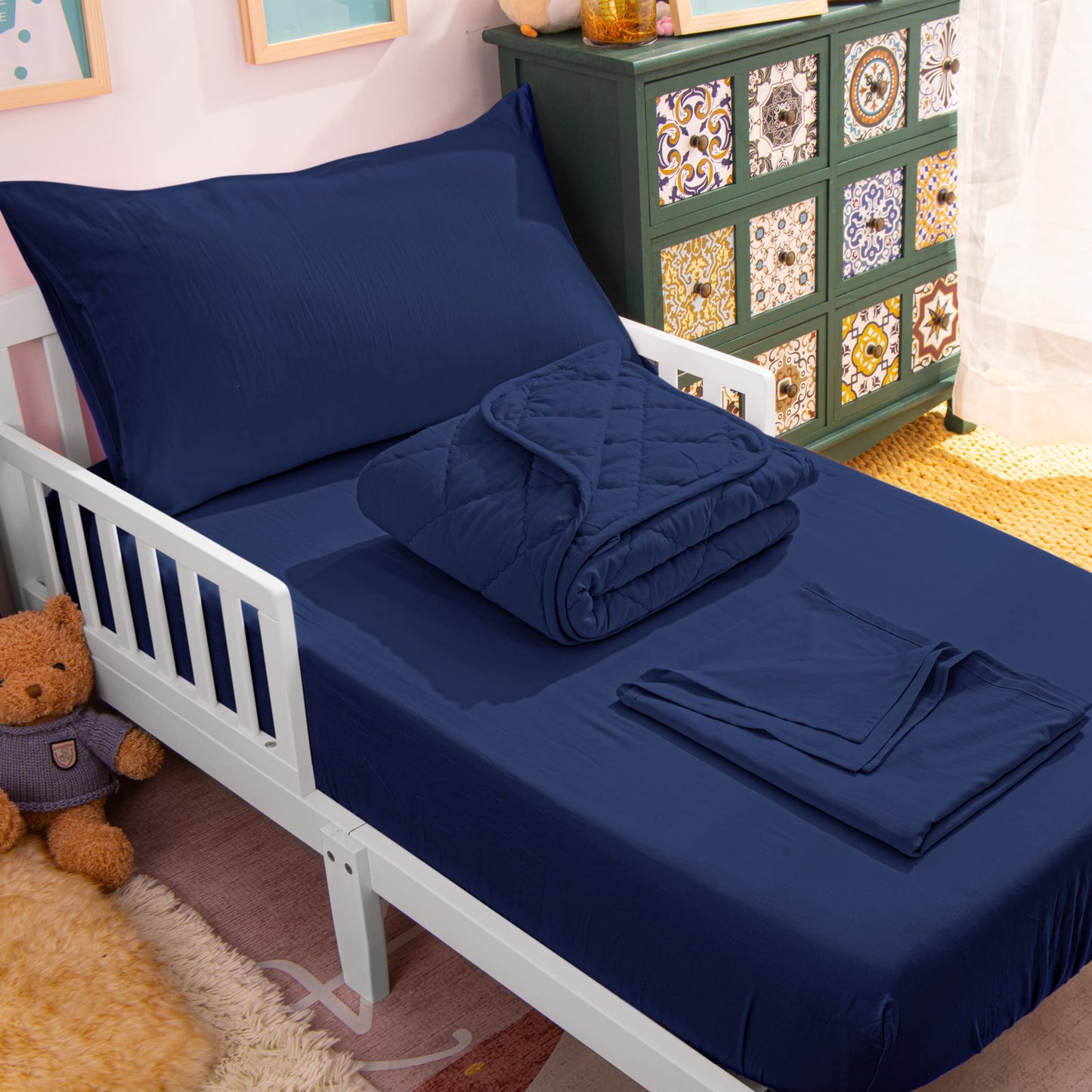 NTBAY Toddler Bedding Set - 4 Piece Soft and Breathable Crib Bedding Set for Boys and Girls, Includes Quilted Comforter, Fitted Sheet, Flat Top Sheet and Envelope Pillowcase, Navy Blue