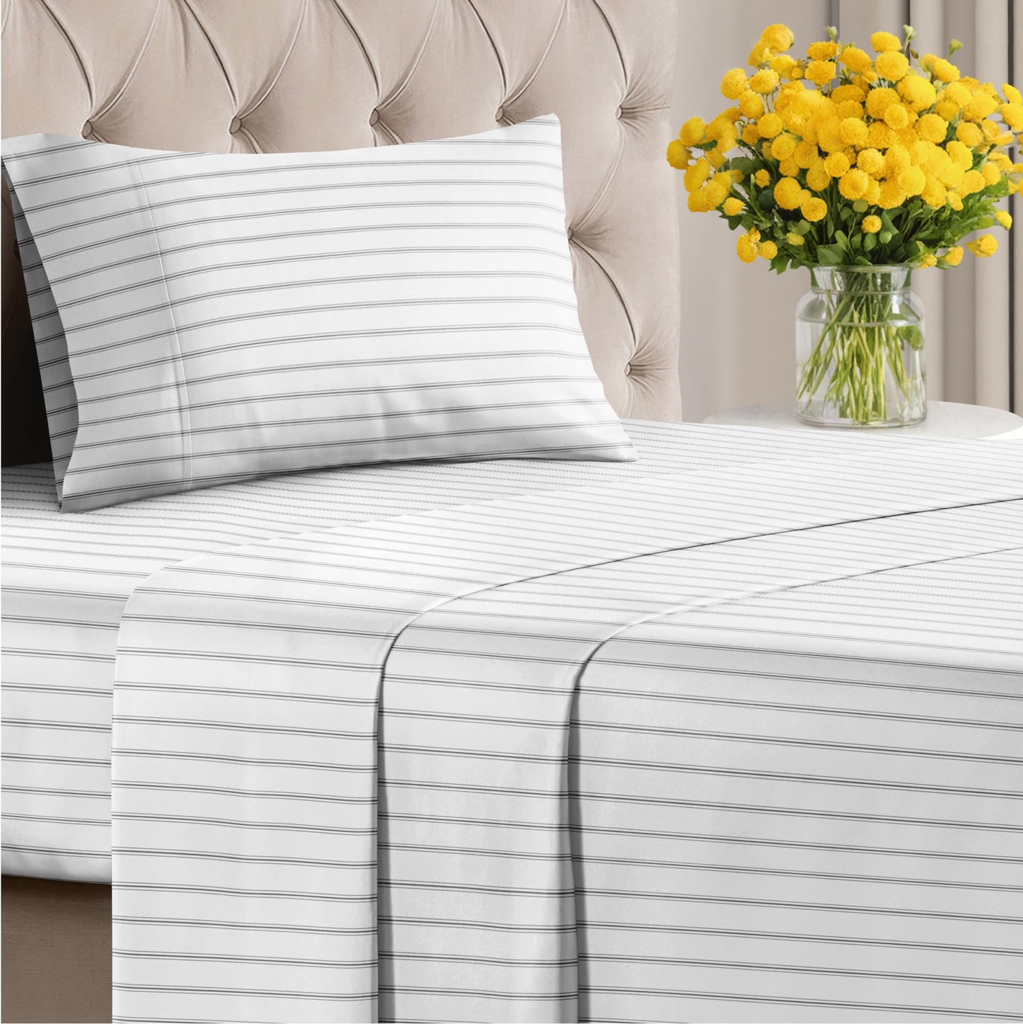 Striped Sheets - Black & White Striped Sheets - 1 Flat & 1 Fitted & 1 Pillowcase w/ Deep Pockets – Wrinkle & Fade Resistant - Soft, Breathable & Cooling – Luxury Pinstripe Bedding - Twin Size Bed Set