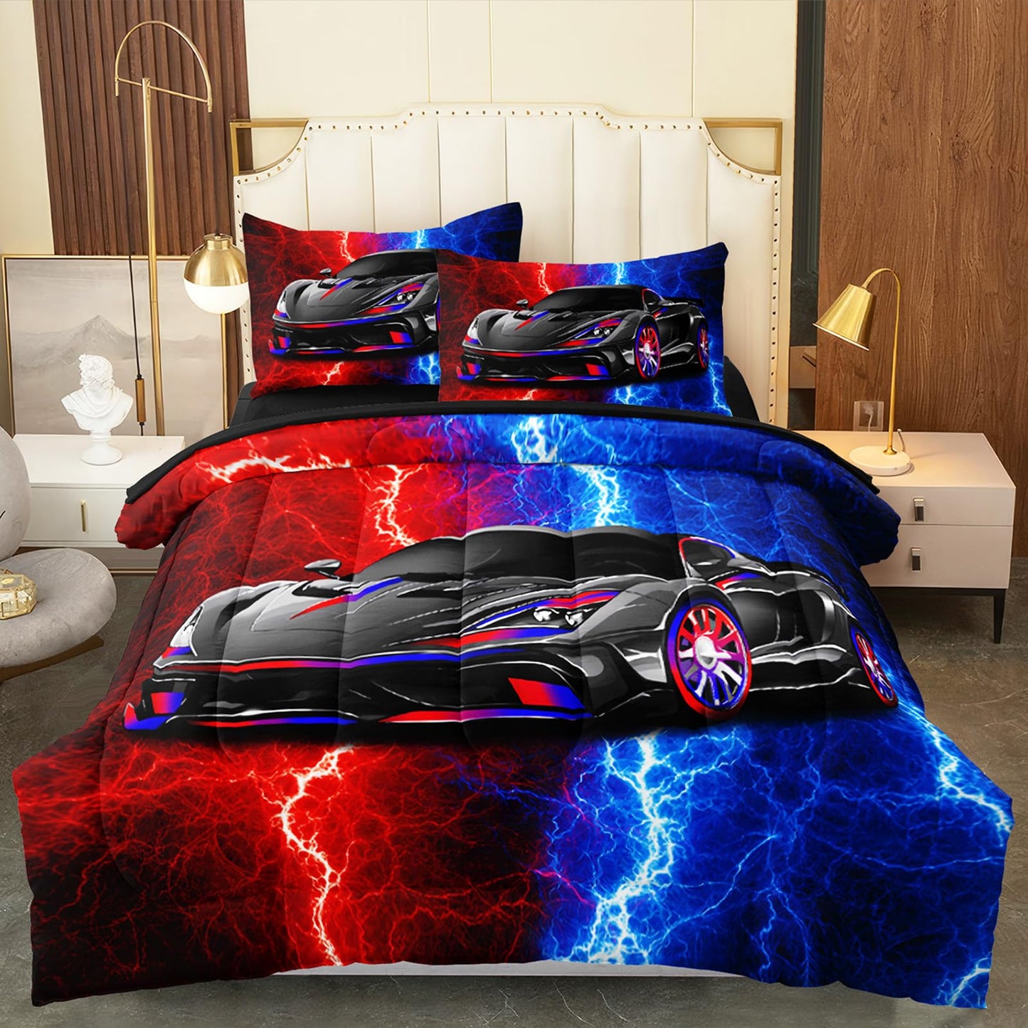 BERTSUCA 5 Pcs Car Comforter Sets for Boys, Cool Red Blue Lightnings Bed in A Bag Full Size Car Bedding Set for Boys Kids