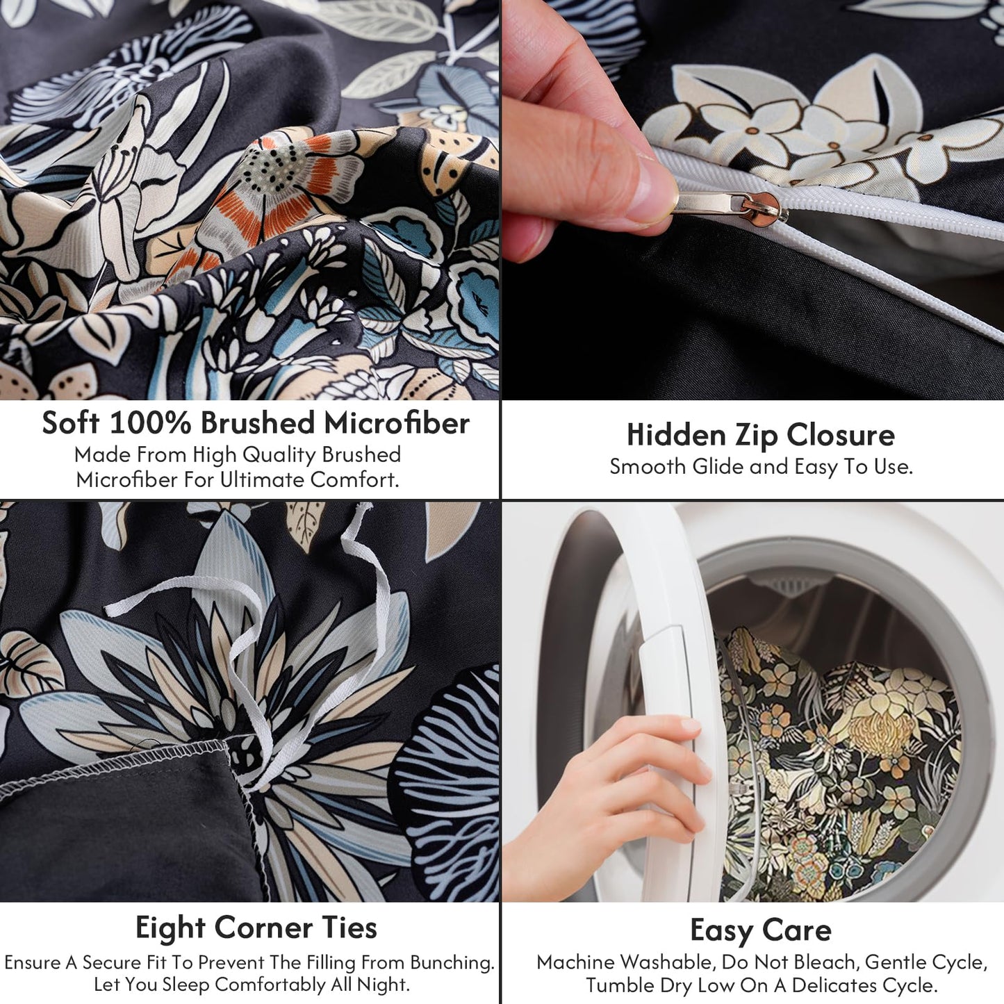LONAVA Queen Flower 3 Pcs Duvet Cover Set, Breathable Soft Microfiber Black Lining Comforter Cover with Zipper Closure, and 2 Anti-Pilling, Fade Resistant Pillowcases, Midnight Blossoms