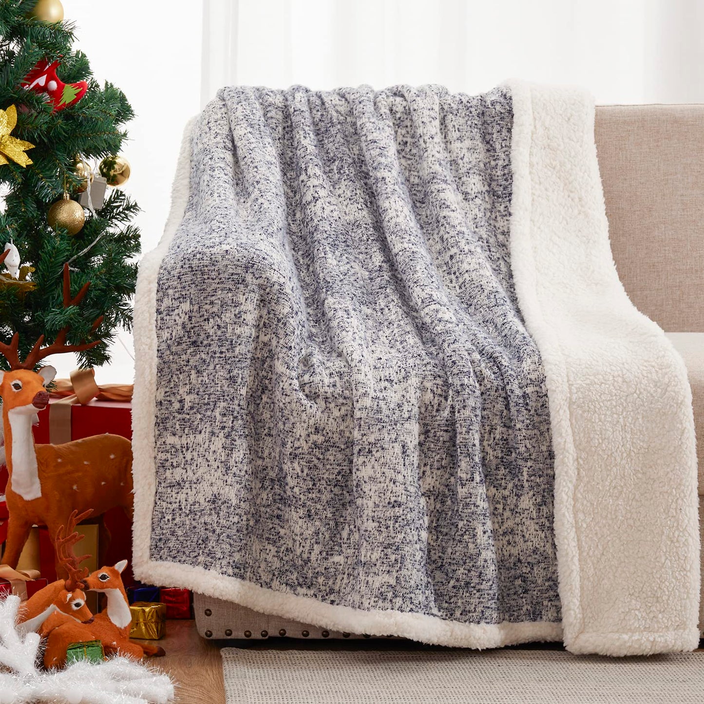 SE SOFTEXLY Throw Blanket, Reversible Sherpa Blanket with 30% Wool and 70% Cotton, Fuzzy Plush Fluffy Soft Blanket, Fall Winter Blanket for Couch Bed Sofa Chair (Blue, 50" x 60")