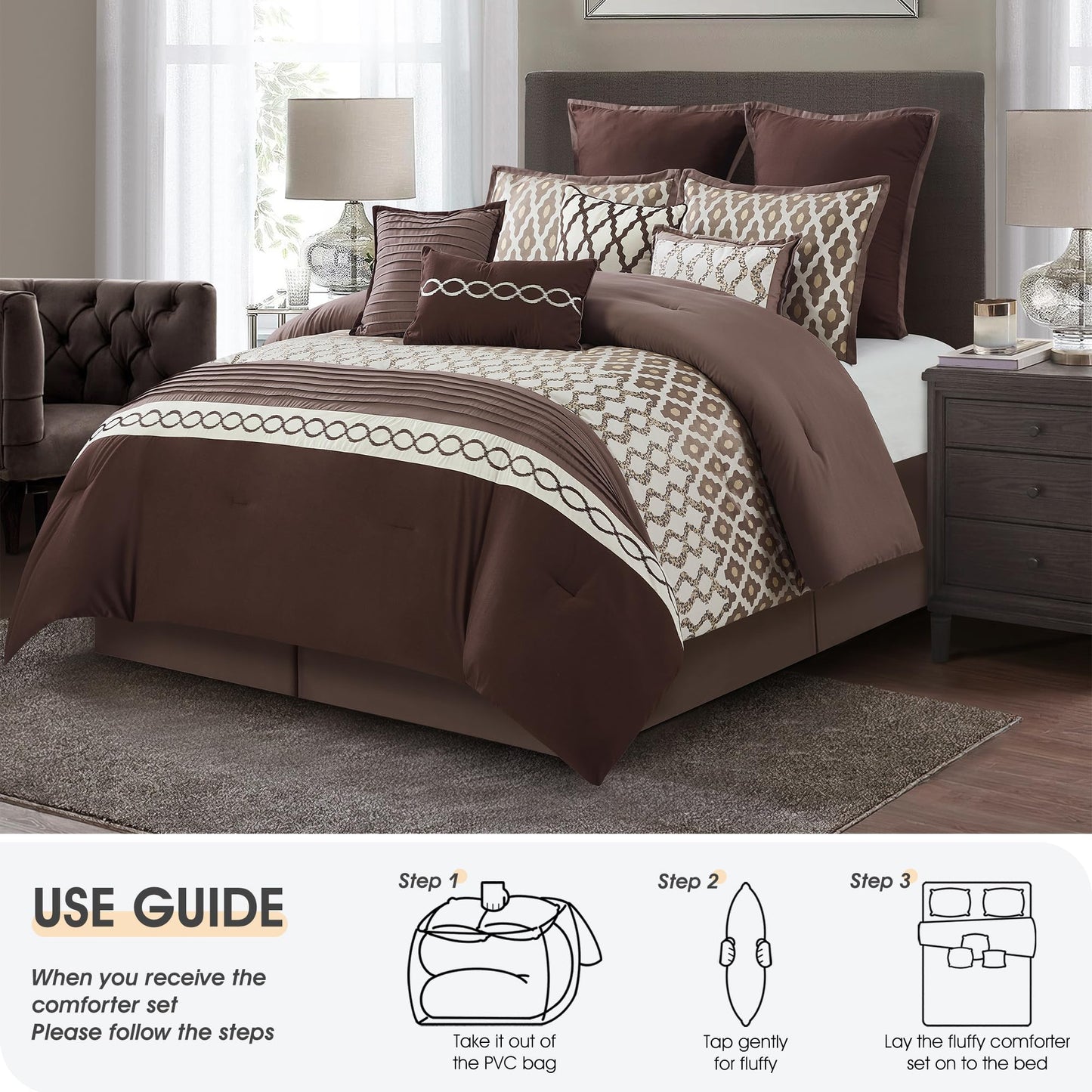 LANCO MODERN LIFESTYLE Queen Comforter Set, Brown, 10 Piece Bed in a Bag for All Seasons, Luxury Extreme Comfort Bedding Sets with Bedskirt, Pillow Shams, Euro Shams and Decor Pillows