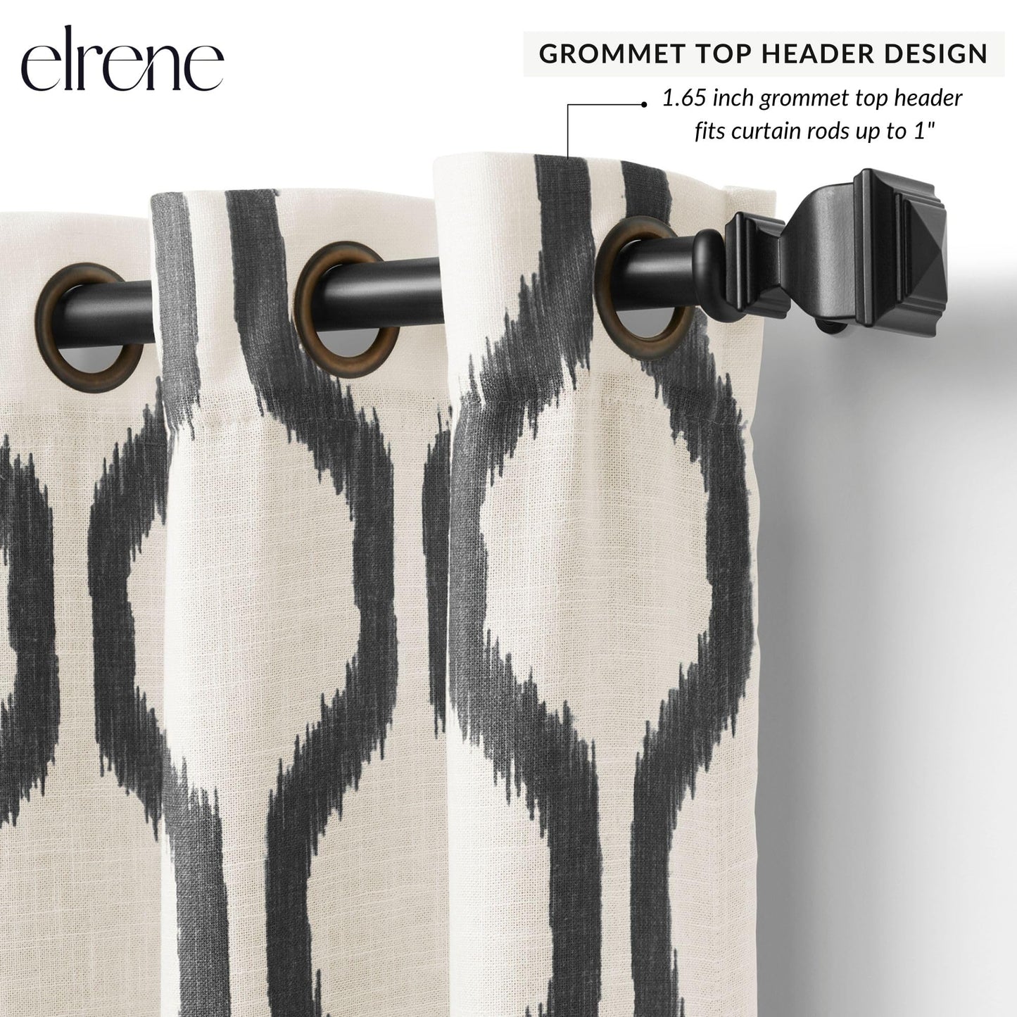 Elrene Home Fashions Renzo Ikat Geometric Room-Darkening Window Curtain, Living Room and Bedroom Drape with Grommets, 52"x84", 1 Panel, Black