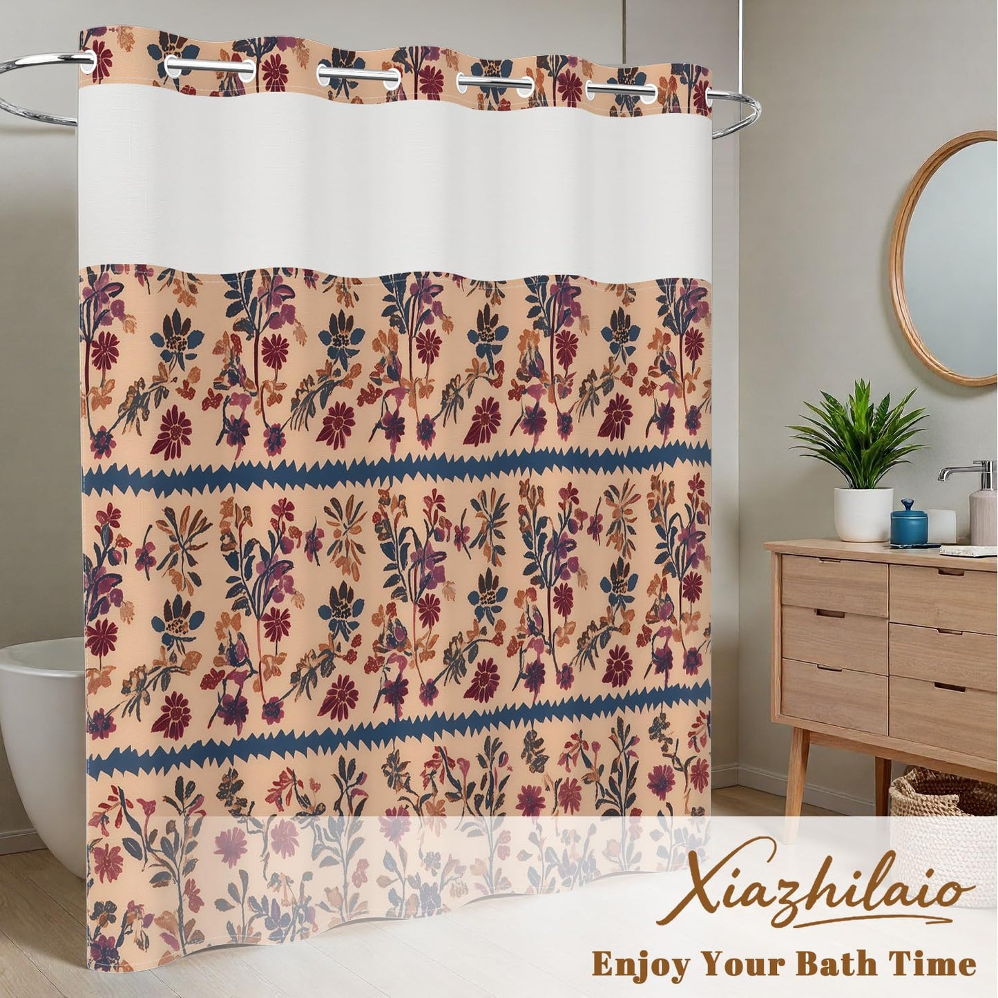 Xiazhilaio Vintage Boho Floral No Hook Shower Curtain with Snap in Liner