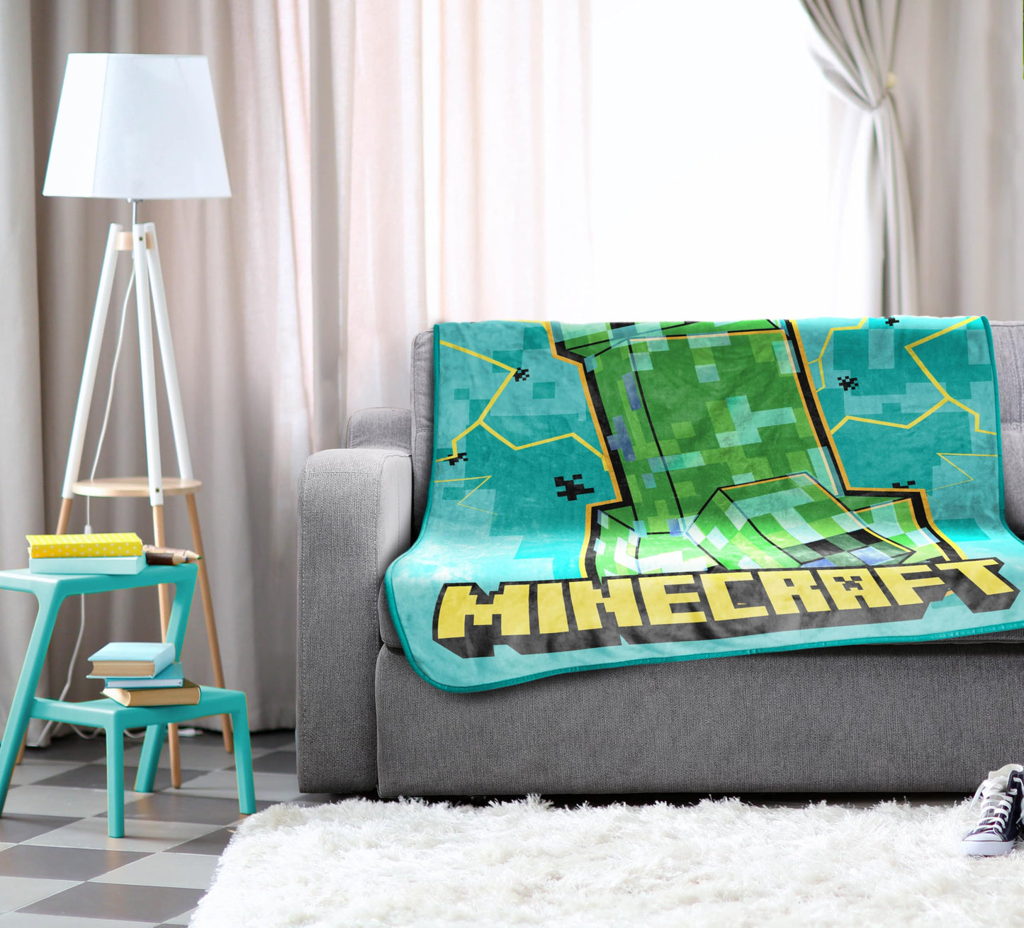 Jay Franco Kids Plush Throw Blanket – Soft & Cozy Fleece Throw for Bedroom & Couch Décor, Official Licensed Product, Teal - Minecraft, 46x60 - Throw Blanket