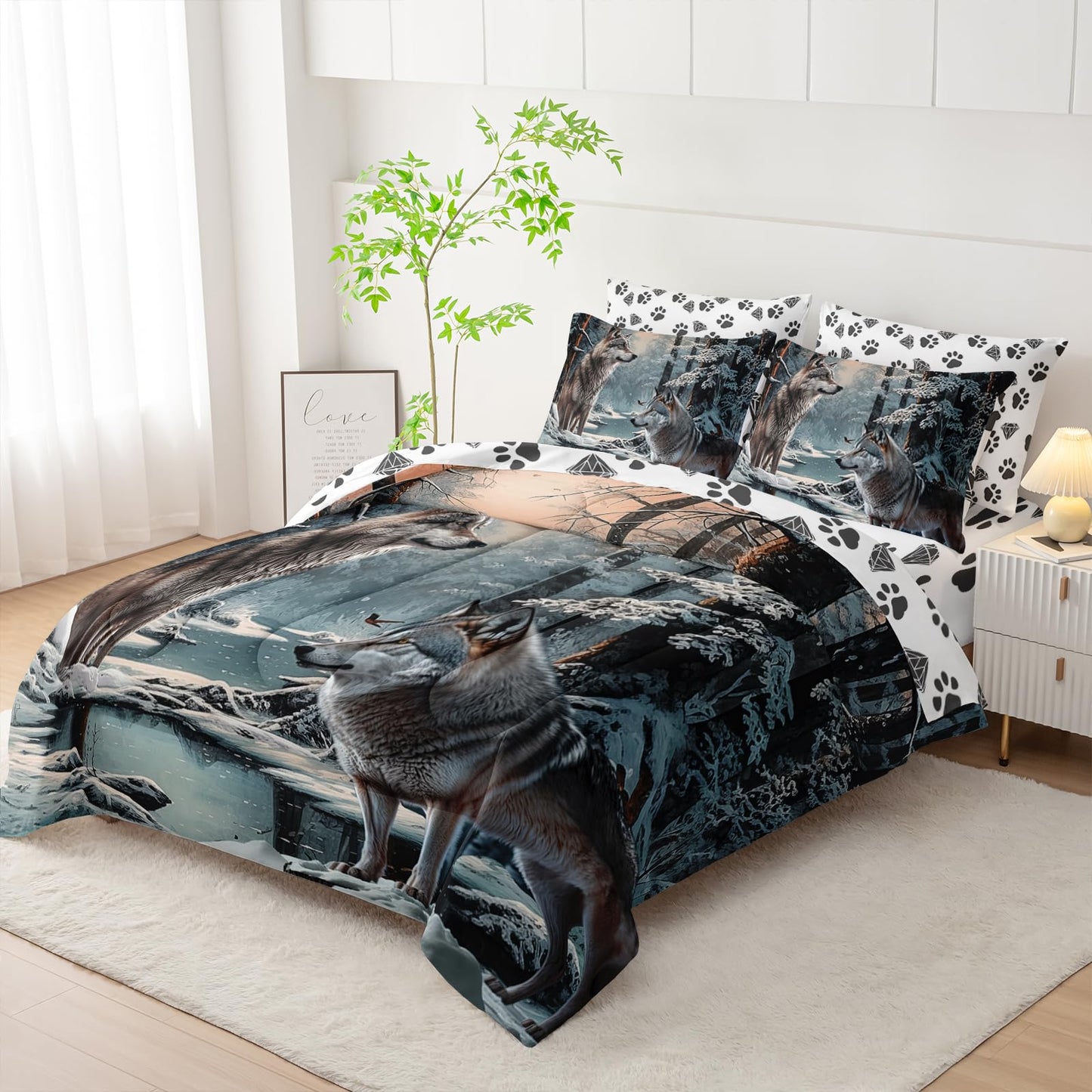 AILONEN Snow Wolf Comforter Set Full Size,7-Piece Soft Bed in a Bag,Snowfield Forest Animals Printed Comforter & Fitted Sheet & Flat Sheet & 2 Pillowcases,2 Pillow Shams for Kids Boys Adults