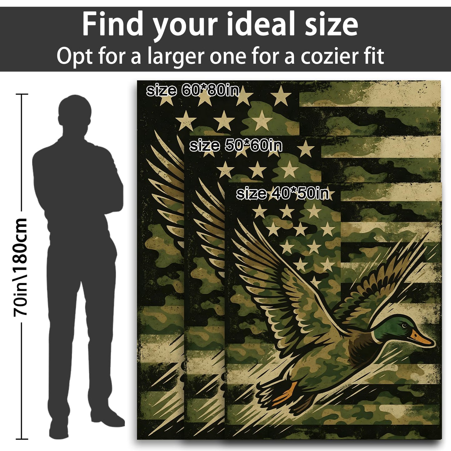 Camo Duck American Flag Fleece Blanket for Boys Girls Kids, Cozy Soft Patriotic Hunting Theme Blankets Gifts for Women, Adults, for Bedroom, Travel, Camping, Sofa, Room Decor 50x60 in