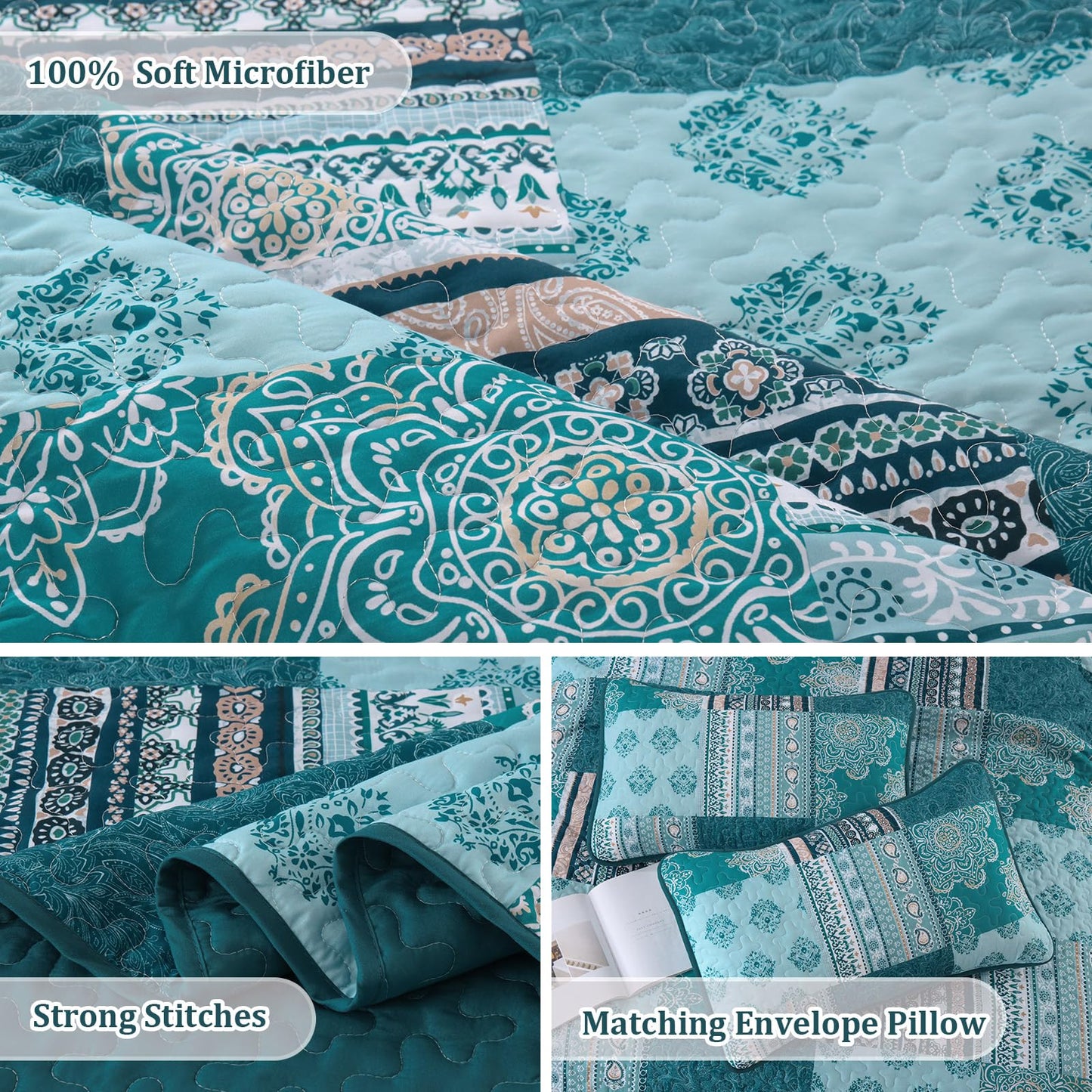Dintszyayue Patchwork Quilt Set Queen Size,3 Pieces Teal Boho Bedspread Coverlet Set Turquoise Plaid Bohemian Quilt Bedding Set Reversible Bed Cover Soft Lightweight Coverlet Set (Queen,96"x90")