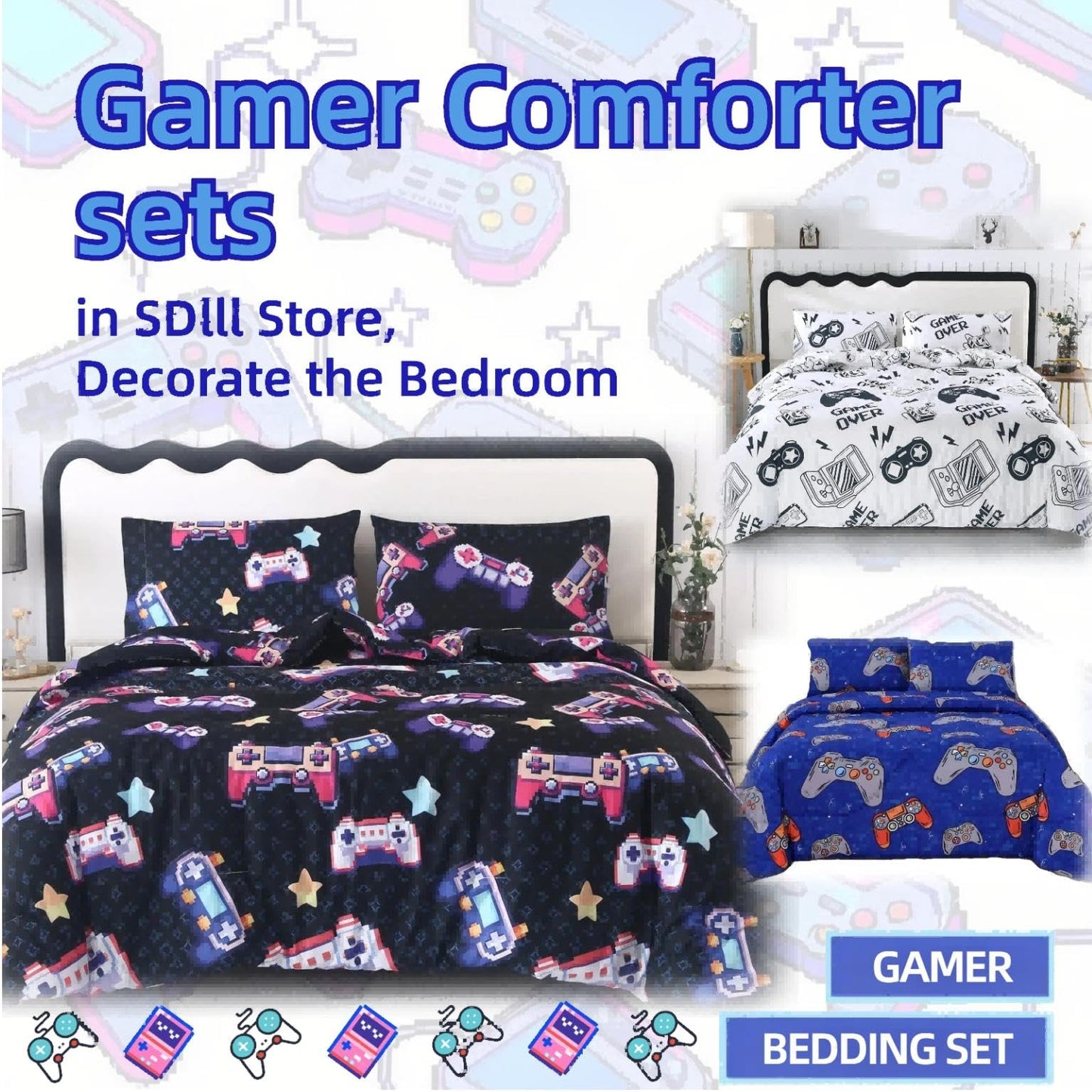 SDIII 3PCS Blue Gaming Comforter Set Twin, Soft Microfiber Lightweight Gamer Comforter Sets for Boys Girls Kids Teens, Video Game Bedding Quilt Twin