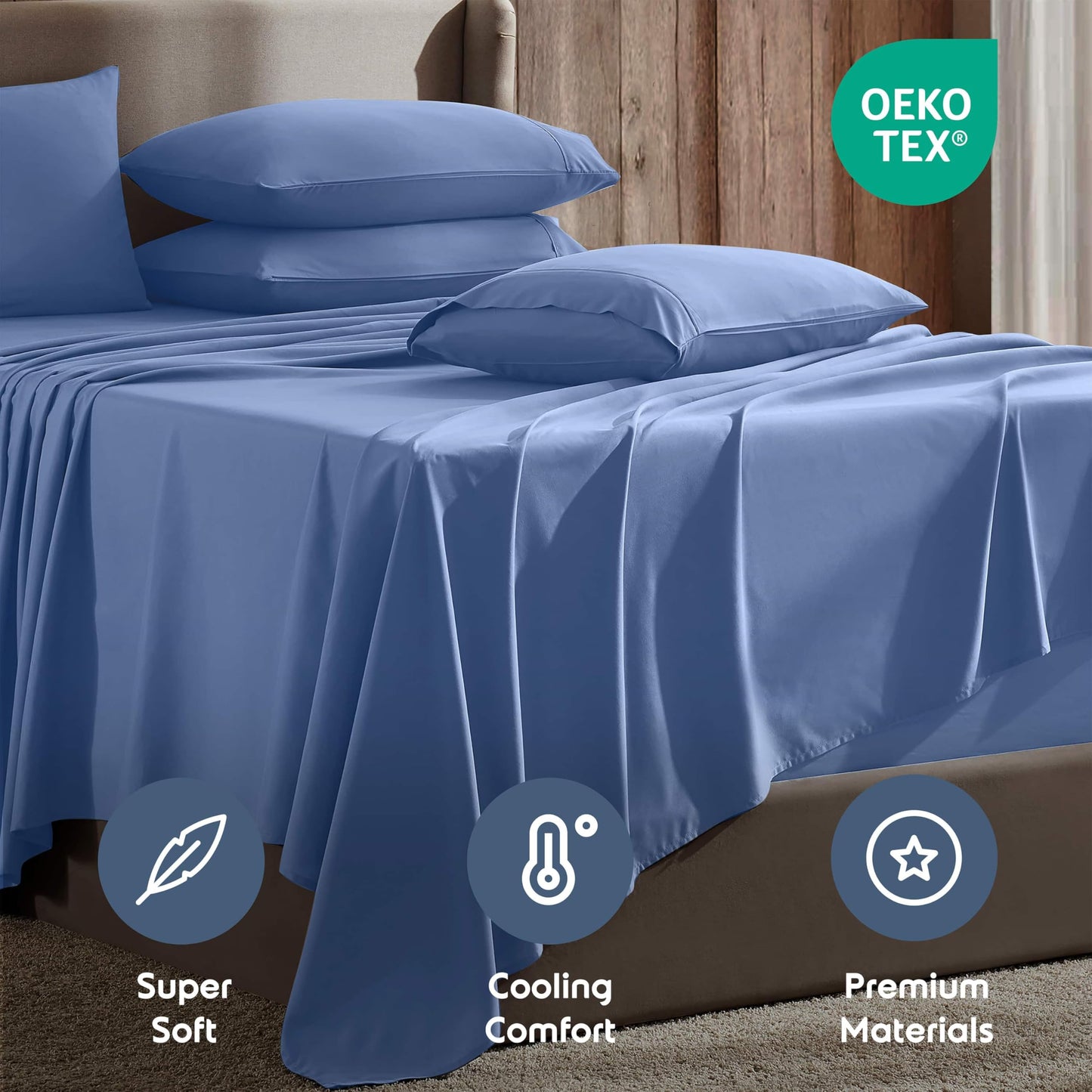 Nestl Extra Deep Cal King Sheet Set - 6 Piece Breathable & Cooling Sheets - Hotel Luxury Bedding Set w/18-24 Inch Deep Pockets - Easy & Secure Fit - Super Soft, Wrinkle Free & Comfy - Calm Blue