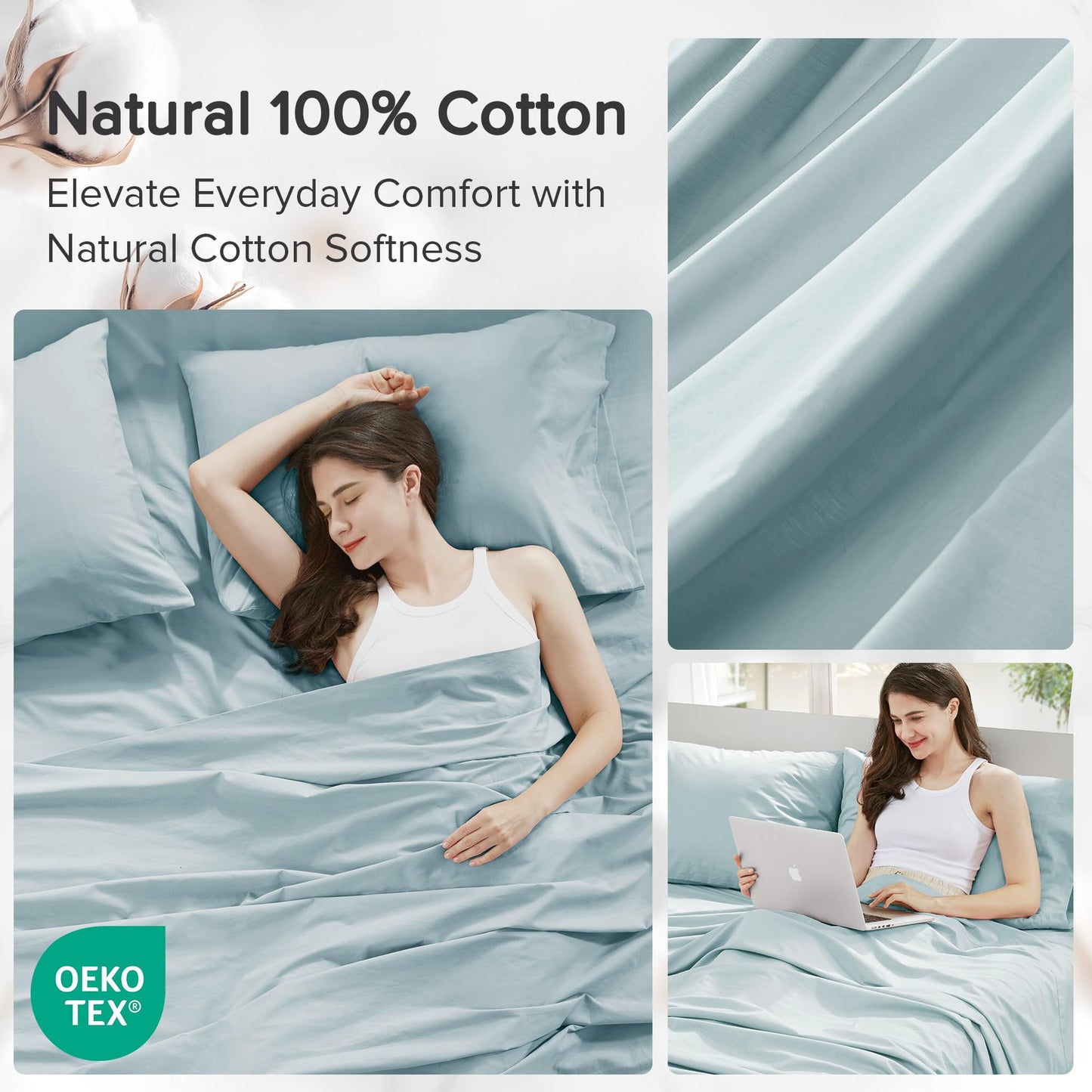 Comfort Spaces 100% Cotton Sheets King, Breathable & Soft Cotton Sheets, Naturally Cool Cotton Bed Sheets with 14" Elastic Pocket Fits up to 16" Mattress, All Season Sheet Set, Light Blue 4 Piece