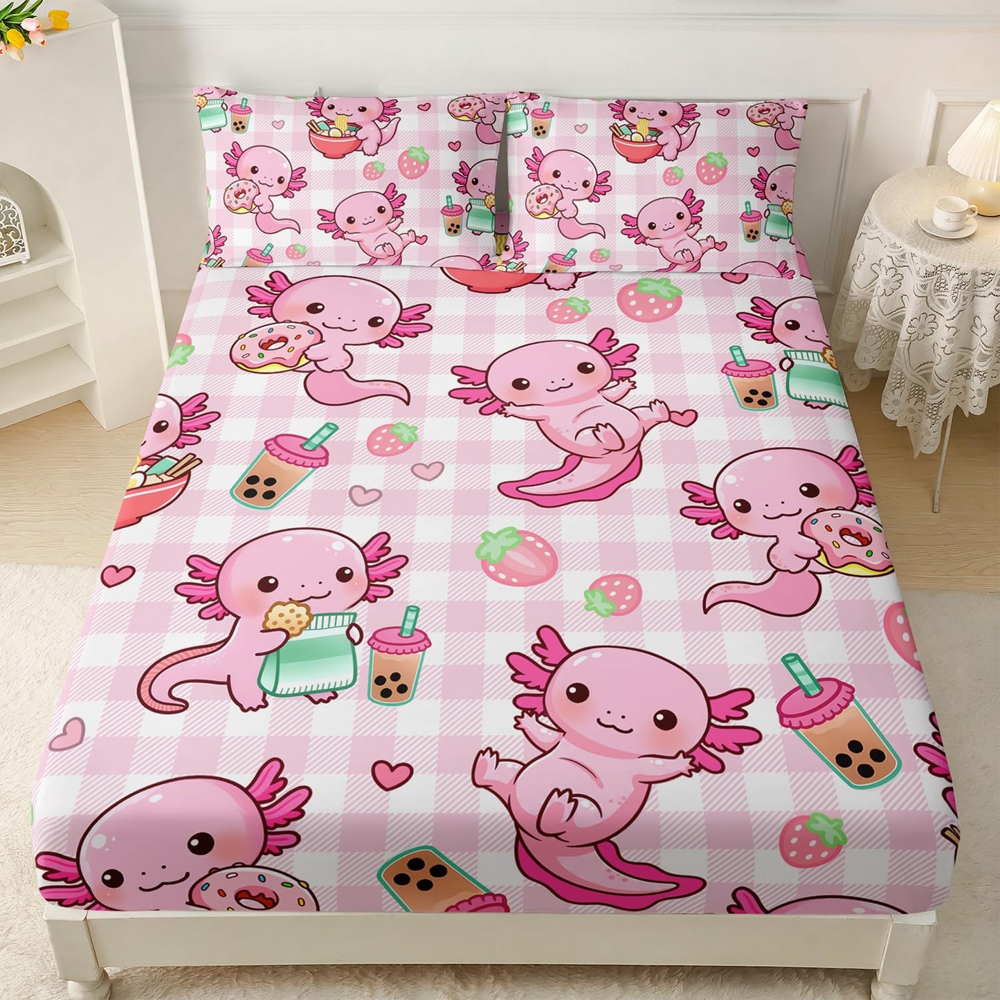 HOSIMA Axolotl Fitted Sheet Set Full Size for Kids Girls,Pink Cartoon Axolotl Eat Dessert Printing Bedding Set Full Size for Princess Bedroom Decor,1 Fitted Sheet+2 Pillowcases.