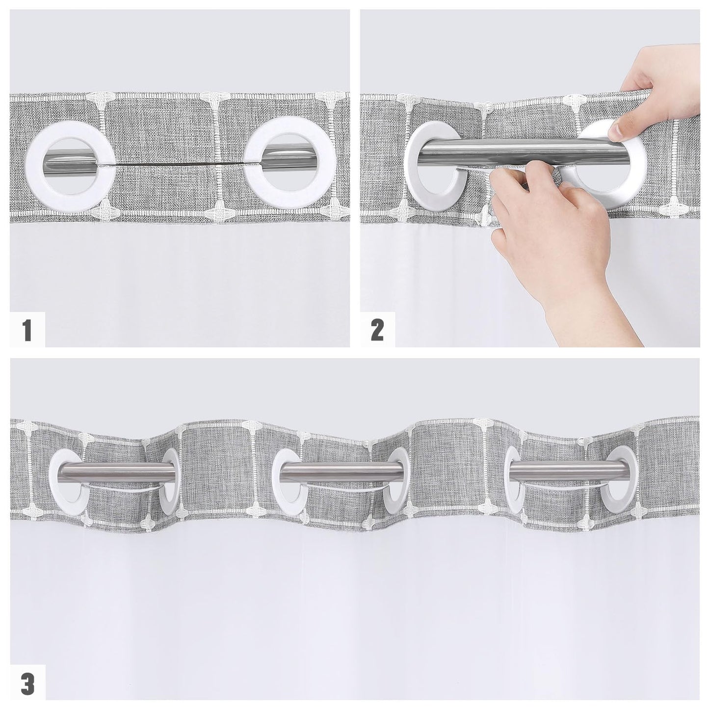 MitoVilla No Hooks Required Farmhouse Shower Curtain with Snap-in Liner - with Window & Magnets, Boho Cotton Linen Fabric Shower Curtains with Tassels for Rustic Bathroom Decor, Grey, 72 x 74