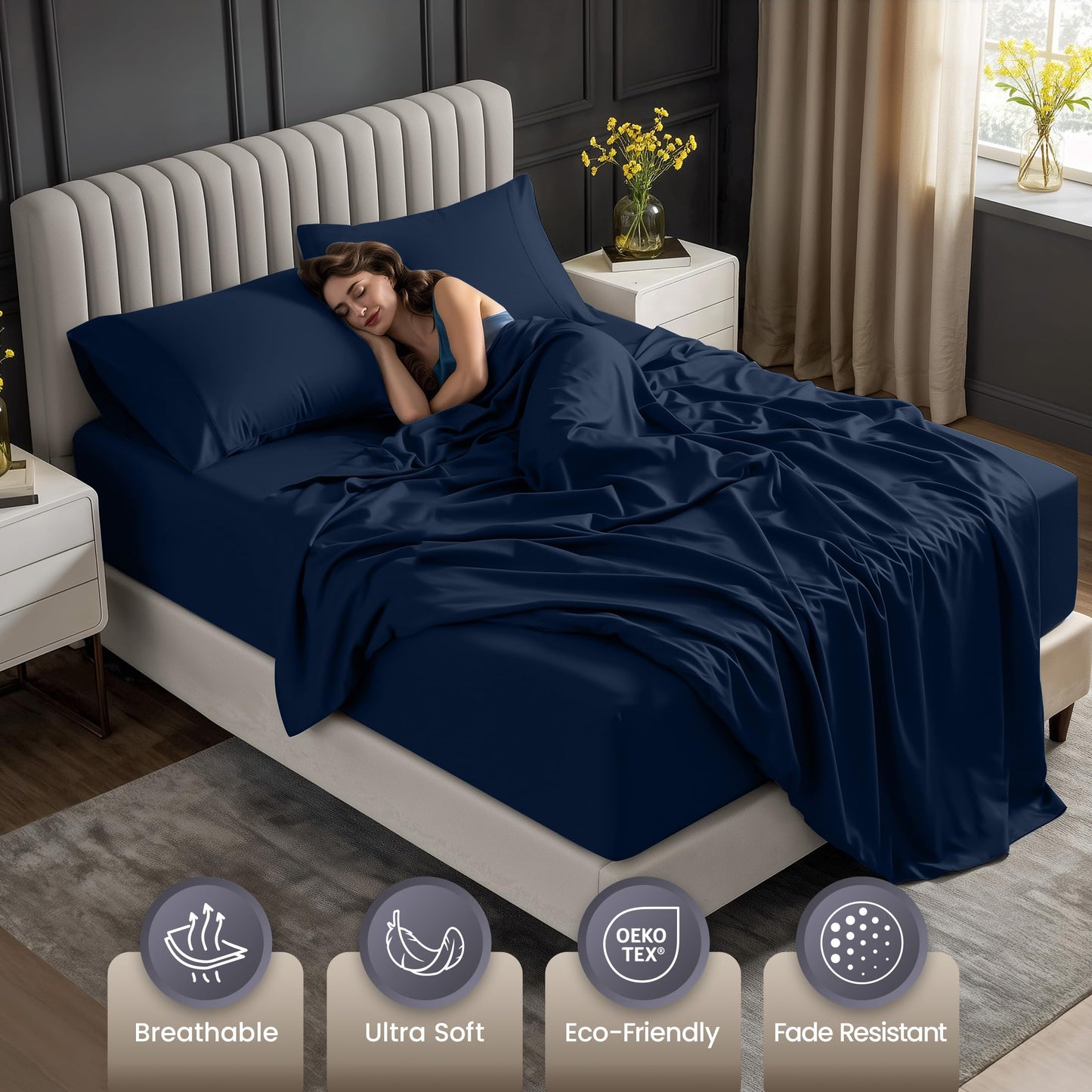Utopia Bedding King Size Extra Deep Pocket Sheet Set – Fits Mattresses Up to 21 inches – Cooling, Soft & Breathable – Oeko-Tex 4 Piece Bed Sheets (Navy)