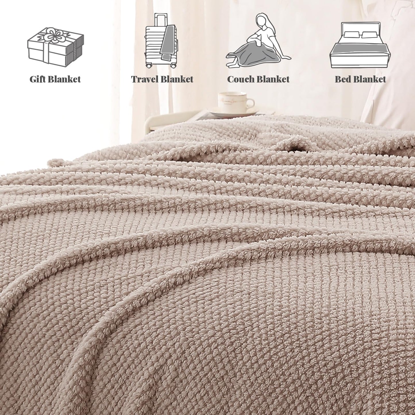 Whale Flotilla Extra Large Fuzzy Fleece Throw Blanket for Couch, 50x70 Inch Fluffy Soft Jacquard Blankets for All Season, Lightweight and Cozy, Camel