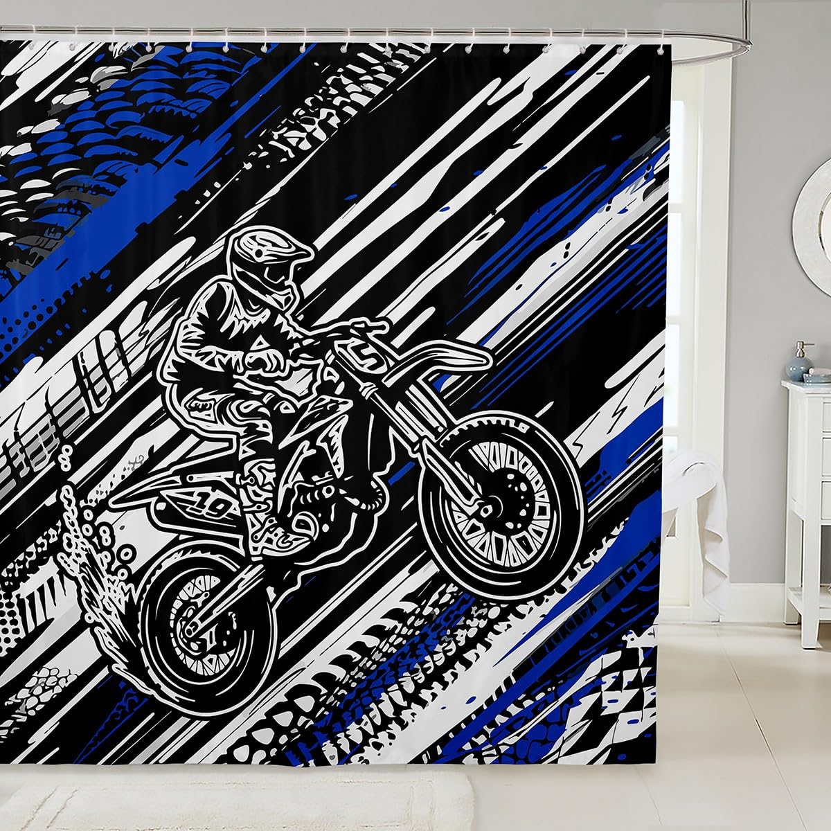 Feelyou Motorcycle Shower Curtain Blue Stripes Set Fabric Shower Curtain for Kids Boys Girls Dirt Bike Bathroom Waterproof Accessories with 12 Hooks Extreme Sports Theme Curtains,72x72 Inches