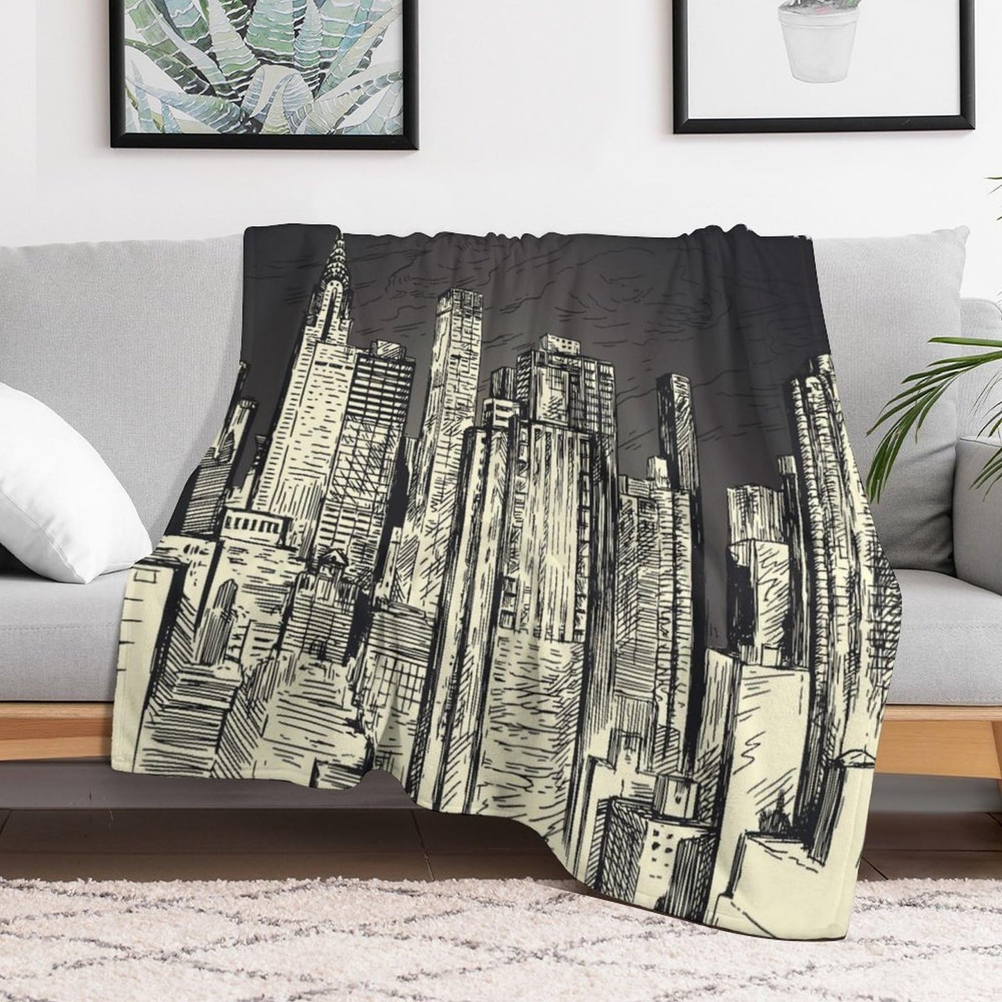 City Throw Blanket,Hand-Drawn New York Skyscraper Pattern Soft Cozy Warm Flannel Blankets for Sofa Couch Bed Gifts for Lover Kids Boys Grils Women Adults 30x40 Inch