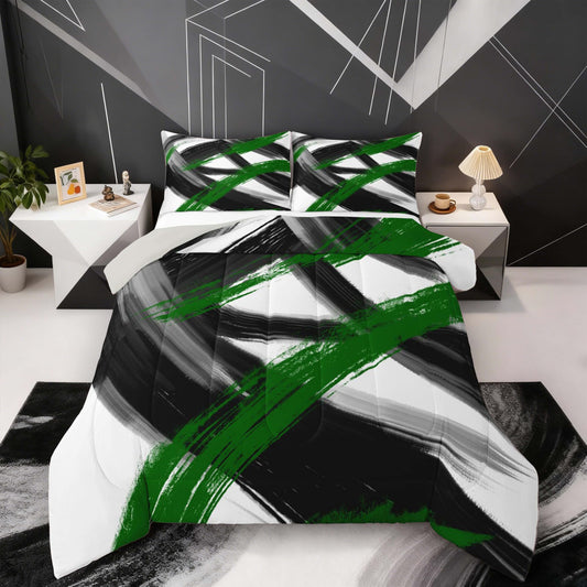 Feelyou Black Green Comforter Set Queen Size Abstract Geometric Bedding Set for Boys Girls Modern Minimalist Duvet Quilt Room Decor Breathable Soft Microfiber All Season 3Pcs with 2 Pillow Cases