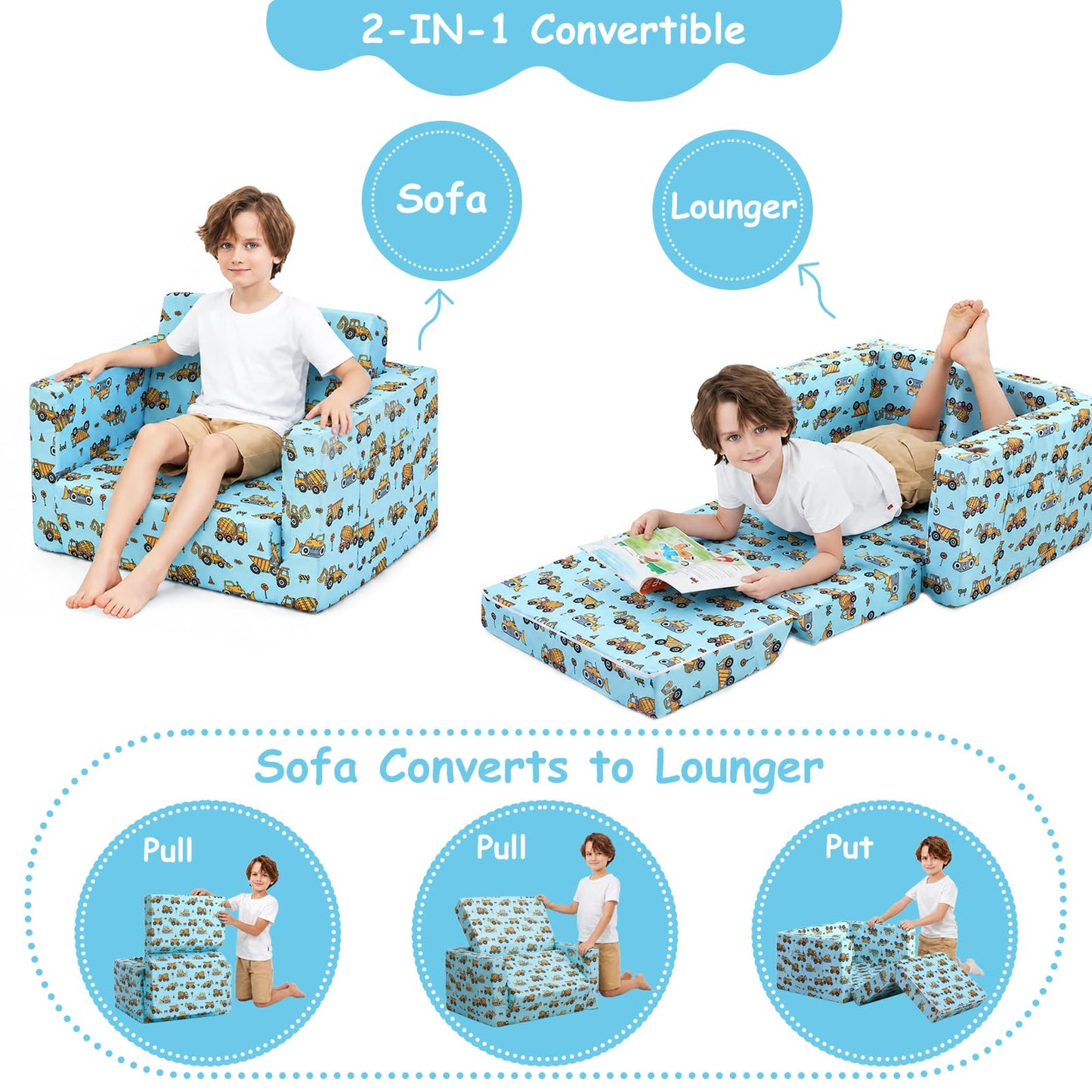 Viviland Toddler Chair, 2-in-1 Kids Couch Bed, Toddler Chairs Comfy 1-3 Years Old Fold Out Convertible Soft to Lounger, Blue Excavator Truck Baby Couch