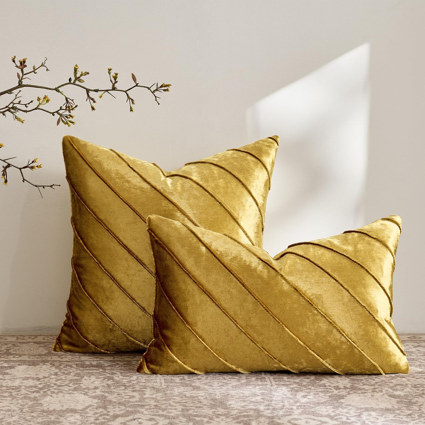 GIGIZAZA Decorative Velvet Pillow Covers 18x18, Set of 2 Gold Sofa Couch Throw Pillows Covers Cases, Living Room Square Cushion Accent Stripe Covers