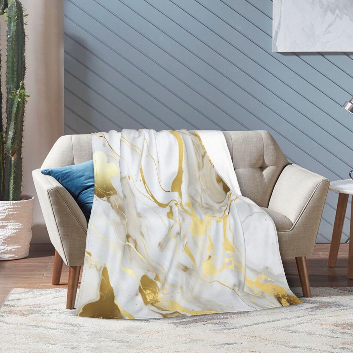 Soft Warm Throw Blanket for Couch Living Room White Golden Marble Texture Print Cozy Fuzzy Throw Blanket for Sofa Bed Blanket 60"x50"