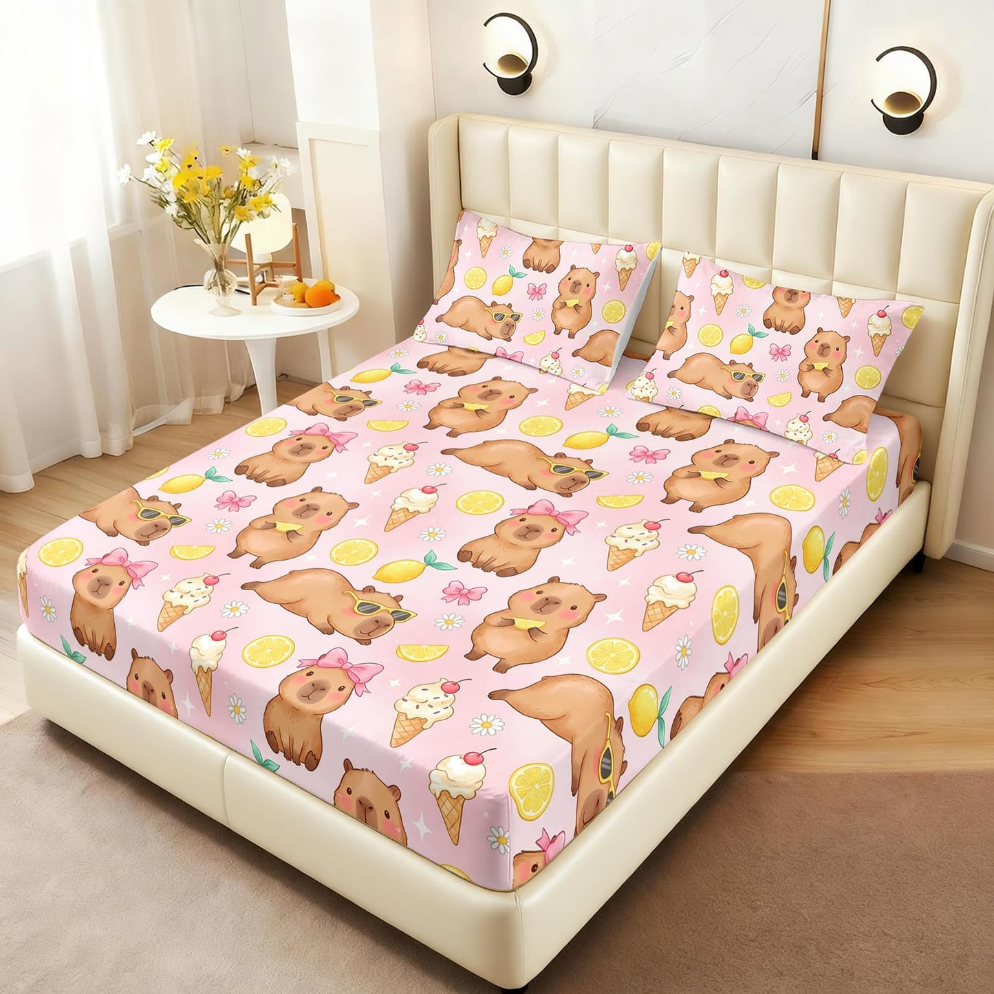 AILONEN 3 Piece Pink Capybara Twin Fitted Sheet Set, 1 Fitted Sheet + 2 Pillowcases, Lemon ice Cream Cartoon Print on Blush