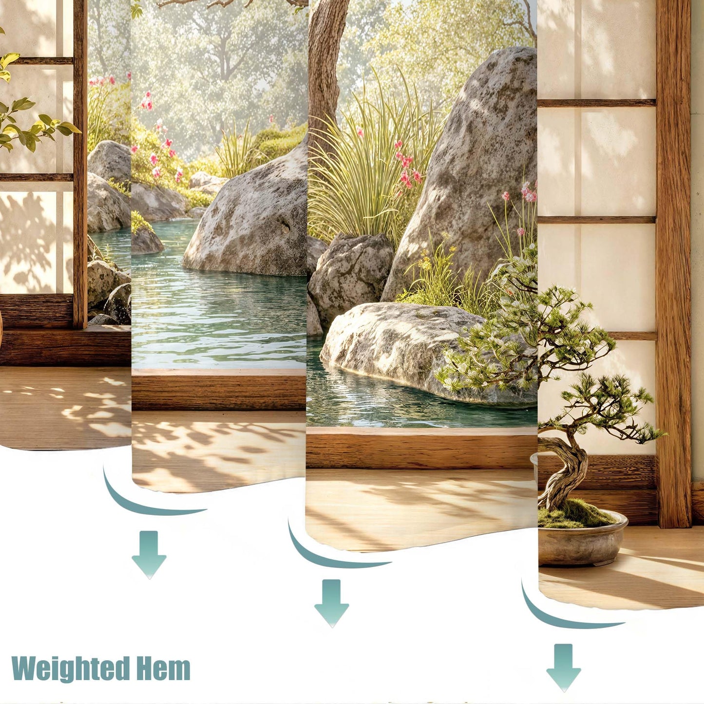 Lifeel Japanese Zen Garden Shower Curtain, Sakura Rock Pond Oriental Peaceful Scenery Bathroom, 72x72 inch