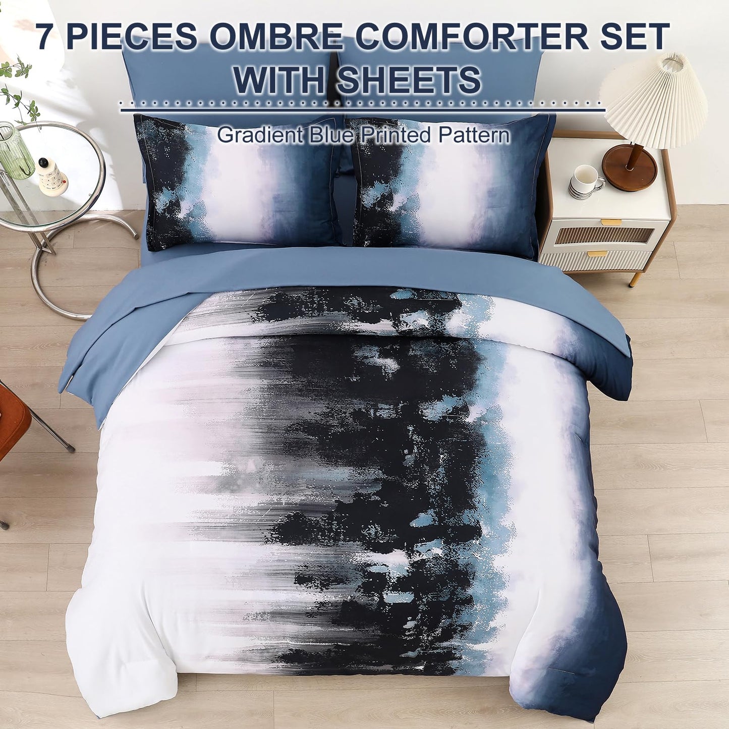 Dinjoy Ombre Blue Comforter Set Queen Size Gradient Navy Blue Black Boho Bedding Set for Teen Men Women 7 Pieces Bed in A Bag Bohemian Bed Set with Comforter, Sheets, Pillowcases & Shams