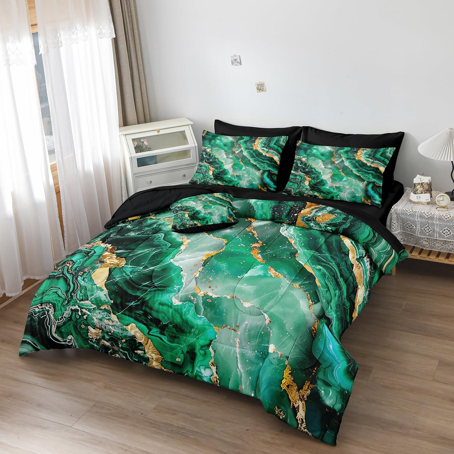 Bedbay Black Gold Comforter Set King Size Green Gold Marble Comforter 8 Pcs Emerald Green King Bed in a Bag Marble Bedding Set 1 Comforter 4 Pillowcases 1 Flat Sheet 1 Fitted Sheet 1 Cushion Cover