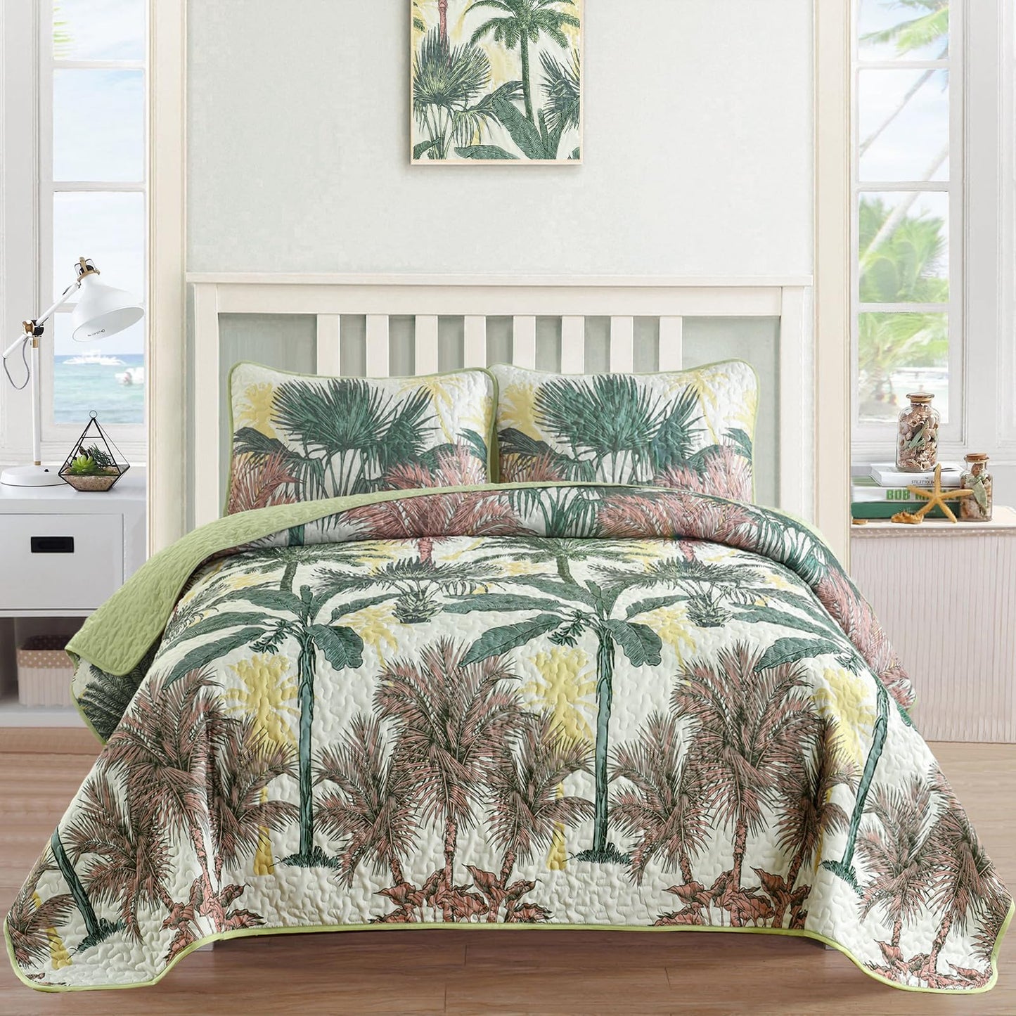 Luxudecor Tropical Plants Quilt Set King Size 3 Pieces Green and Brown Palm Botanical Bedspread Rainforest Style Bedding Set Soft Lightweight Bed Cover All Season 104"x90"