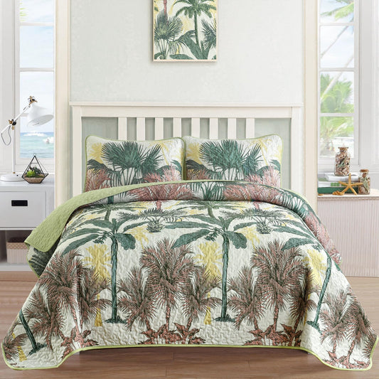 Luxudecor Tropical Plants Quilt Set King Size 3 Pieces Green and Brown Palm Botanical Bedspread Rainforest Style Bedding Set Soft Lightweight Bed Cover All Season 104"x90"