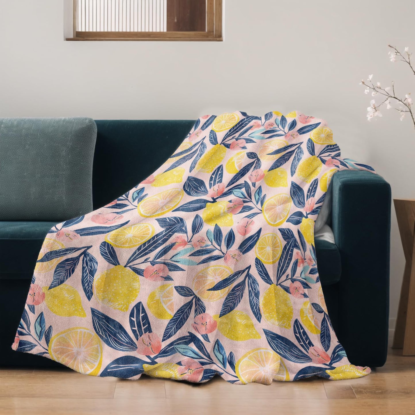 qxfqxf Bright Lemon Blanket Lightweight Blankets Gifts for Adults Flannel Throw with Pink Flower and Navy Leaf Printed for Sofa, Bed, Travel, Picnic, Camping, Office, Summer Decor Throws 60x50 Inch